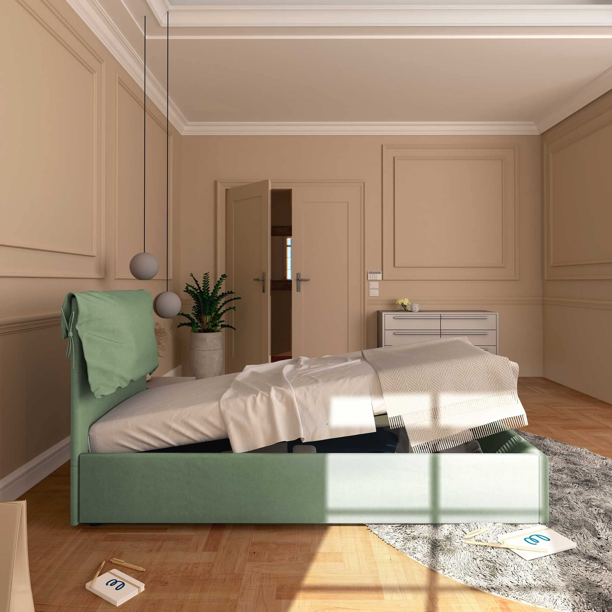Baldiflex Single Bed with Storage - Licia Soft Fabric Frame, Slatted Base for 90x190cm Mattress, Padded Headboard in Mint Green - Perfect for Small Bedrooms, Guest Rooms & Dormitories