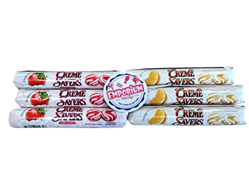 Creme Savers Hard Candy Rolls - 12 Piece Assorted Pack (3 Strawberry & 3 Orange Flavors) | Refrigerator Magnet Included | Perfect for Office Snacks, Party Favors & Gift Baskets