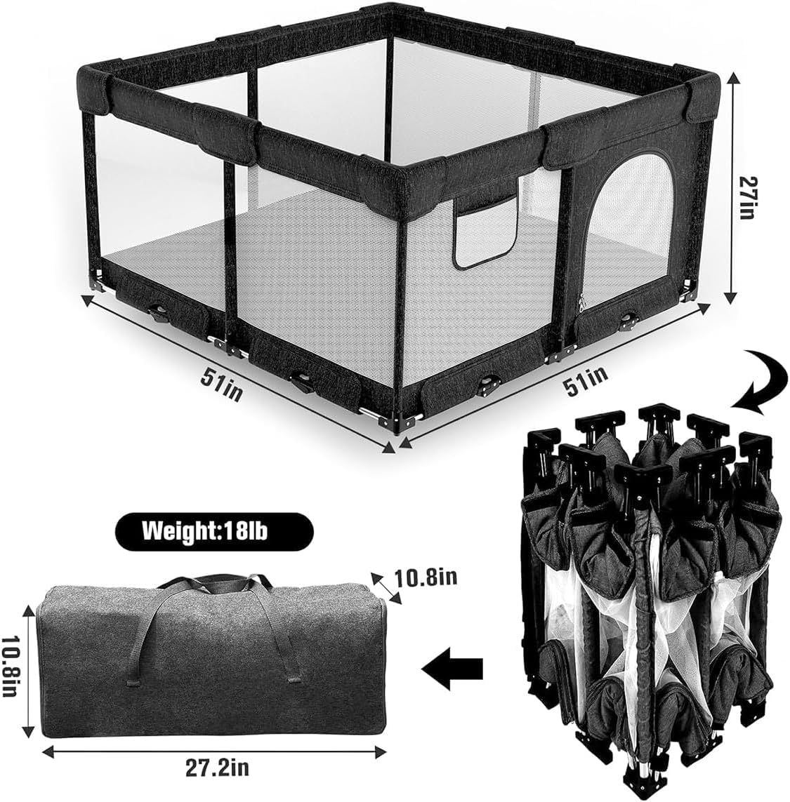 Foldable Baby Playpen - Extra Large Collapsible Play Yard for Babies & Toddlers with Safety Gate, Portable Travel Playpen for Indoor & Outdoor Use, Black 51