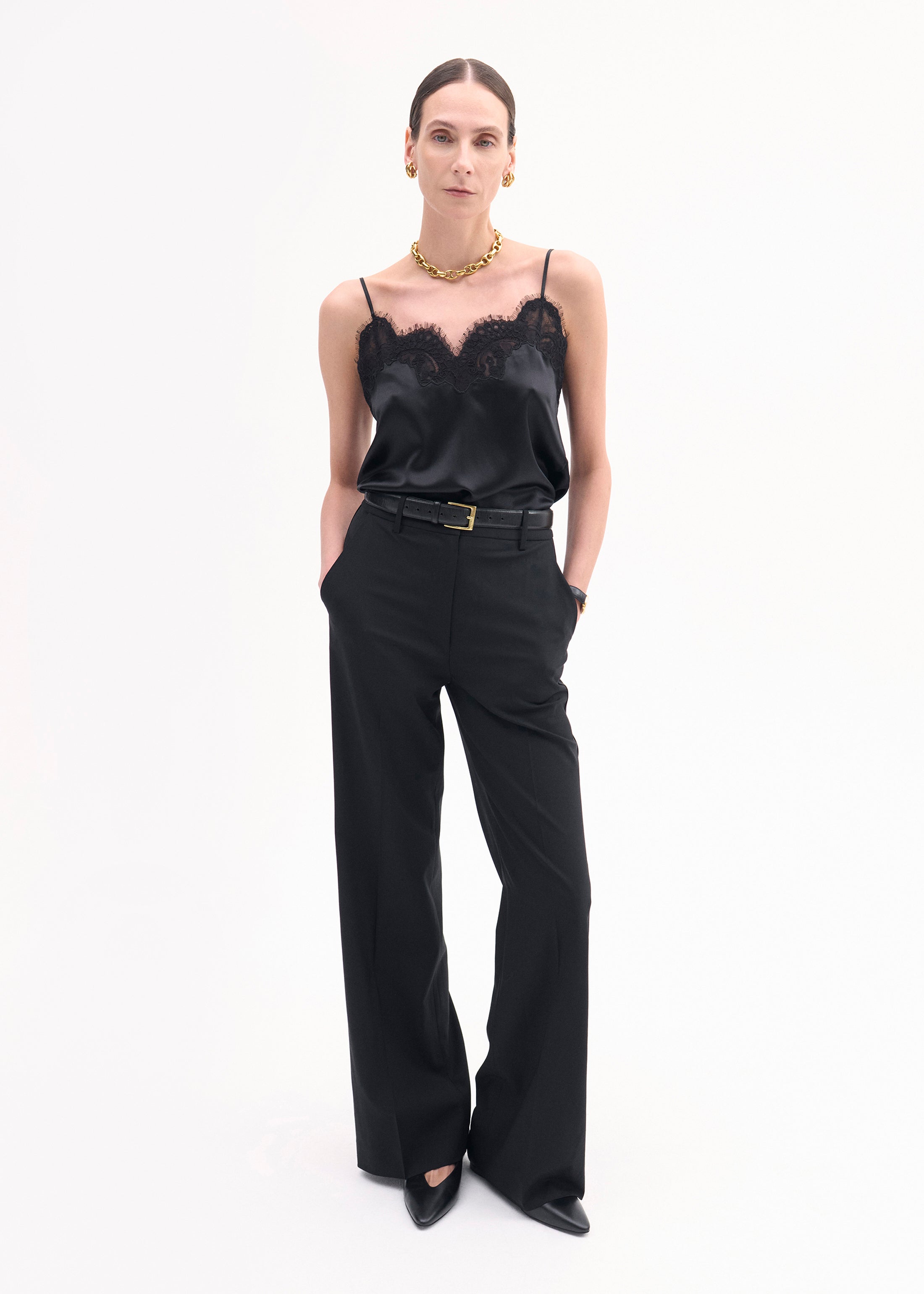 Black Silk Satin Lace Camisole - Elegant Sleepwear & Lingerie for Women | Perfect for Nightwear, Boudoir, and Special Occasions