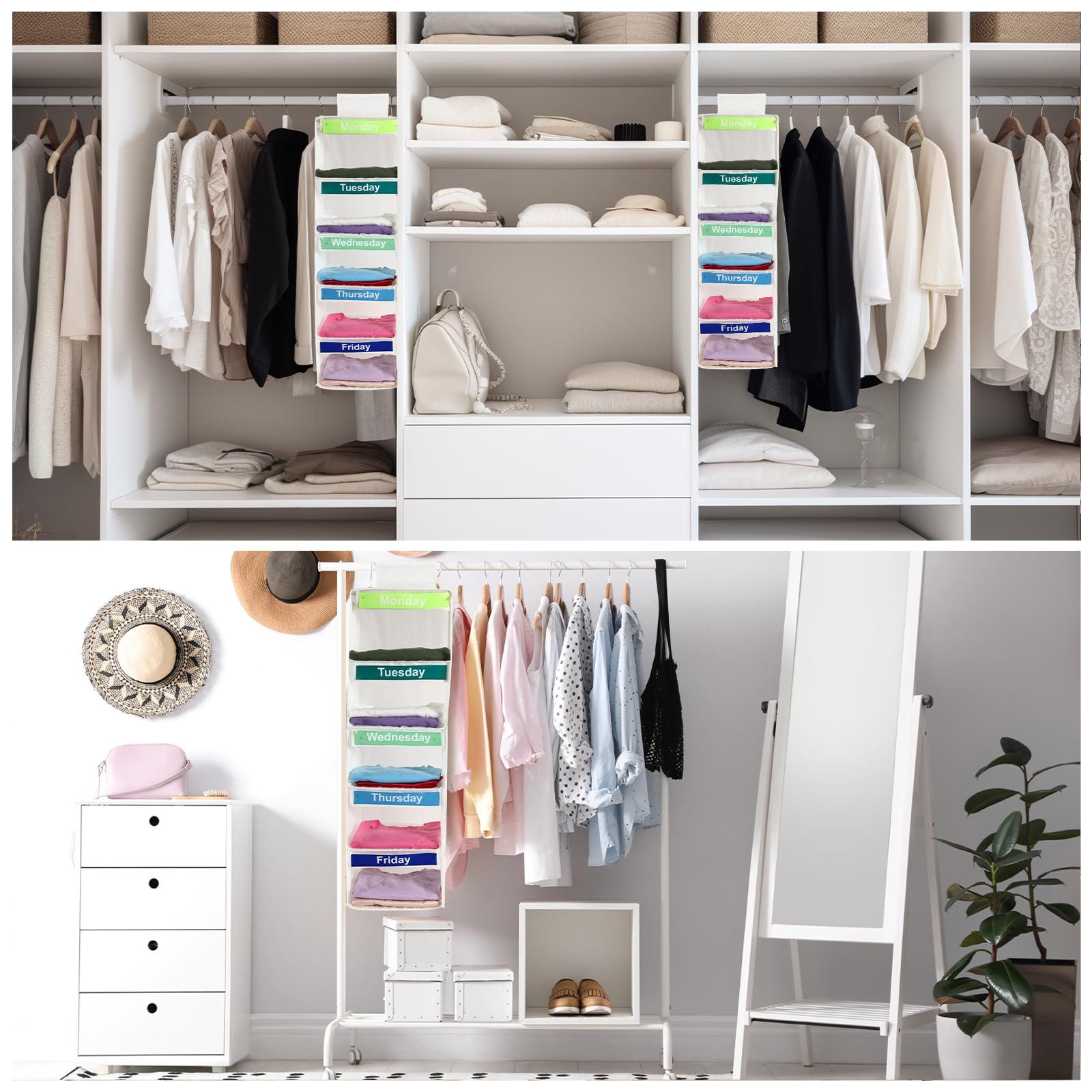 2 Pack Beige Collapsible Hanging Closet Organizers for Kids - Weekly Shelf Dividers for Clothes, Sweaters & Baseball Hats - Perfect for Dorm, Bedroom & Closet Storage (Space-Saving & Foldable)