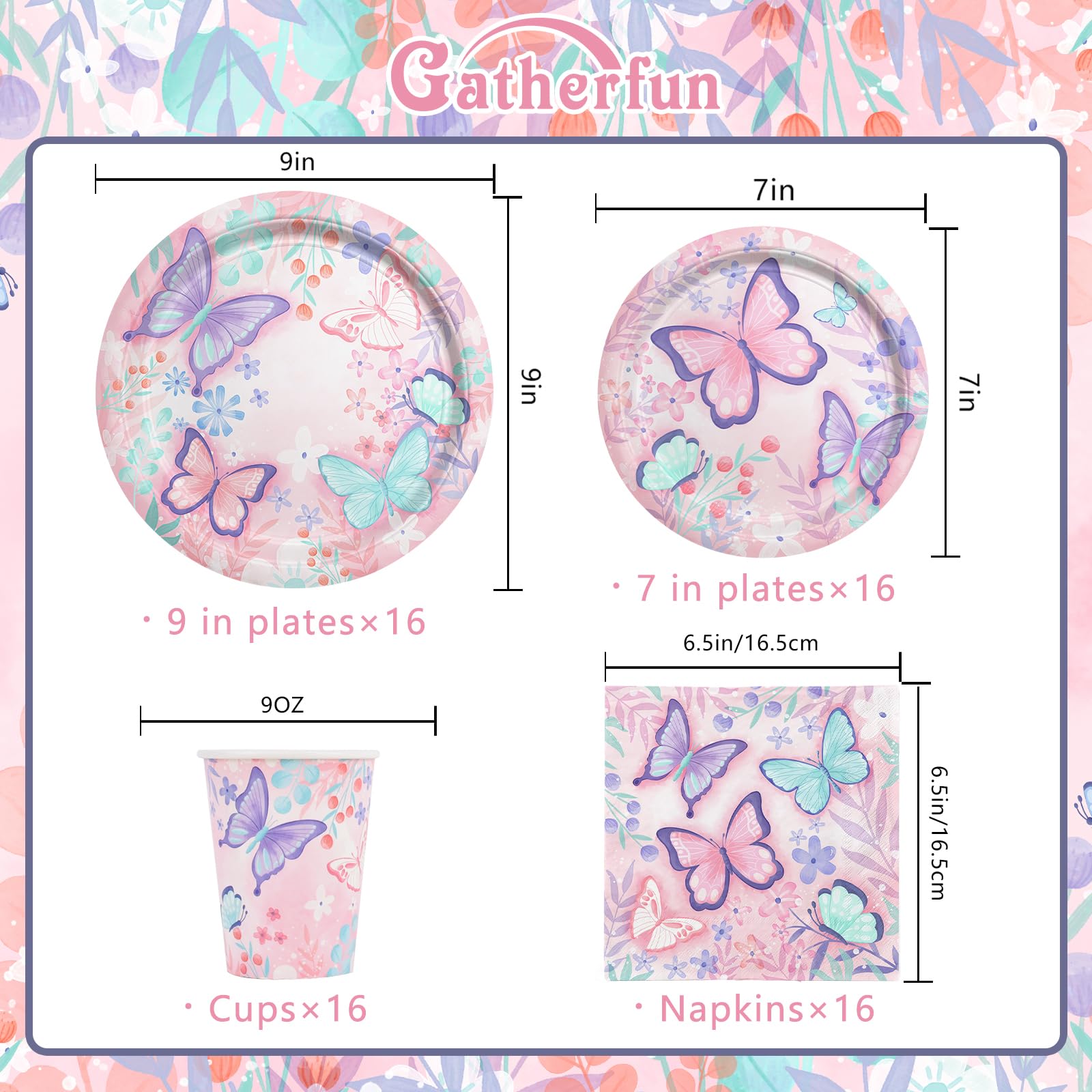 Butterfly Themed Birthday Party Supplies Set - 16-Pack Disposable Paper Plates, Napkins & Cups for Girls Birthday Decorations | Perfect for Garden Parties, Baby Showers & Themed Celebrations