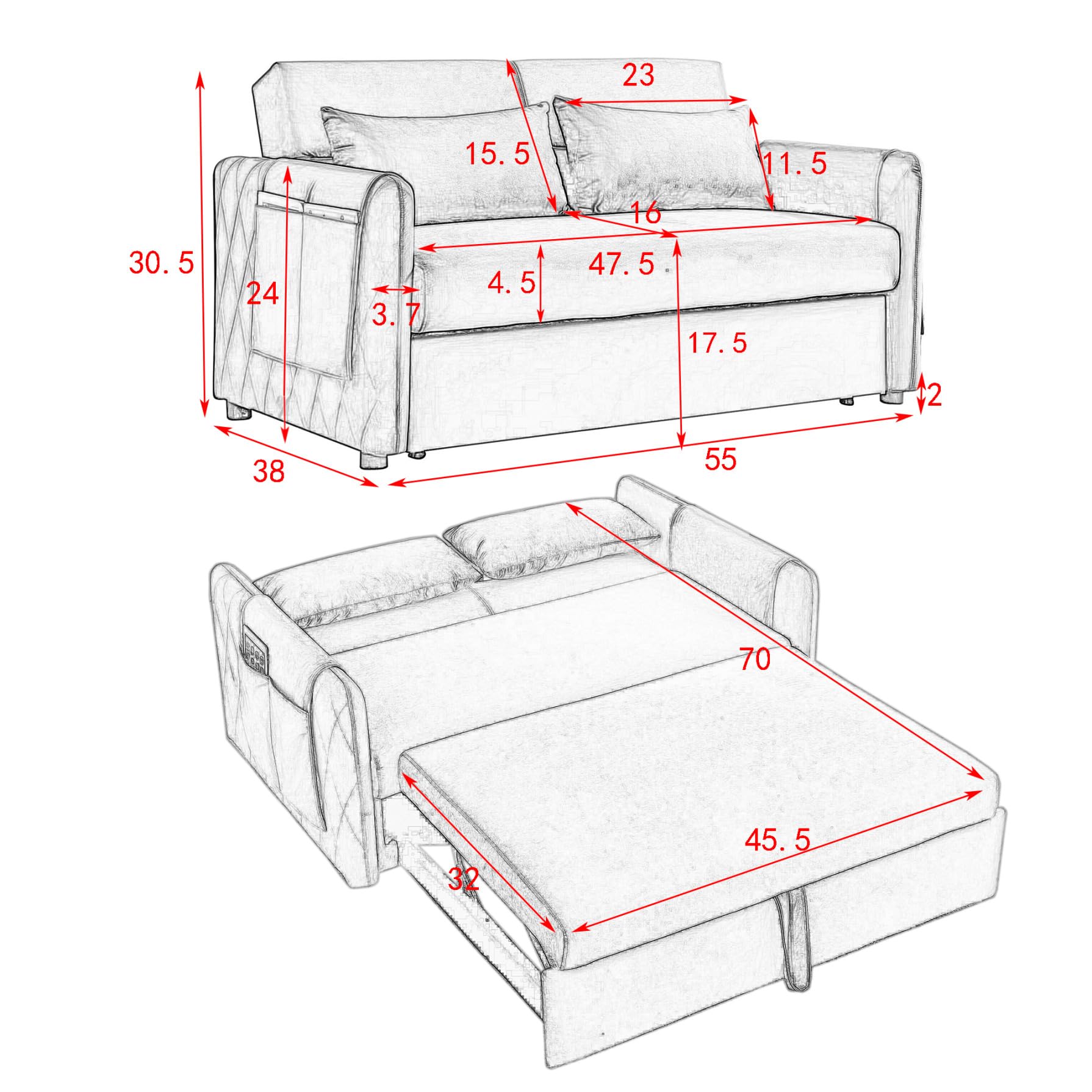 3 in 1 Convertible Sleeper Sofa Bed - Modern Velvet Futon Couch with Pullout Bed, Adjustable Backrest & Storage Pockets - Space Saving Loveseat with Pillows for Small Apartments, Living Rooms & Guest Rooms (Perfect for Studio, Dorm & Home Office)