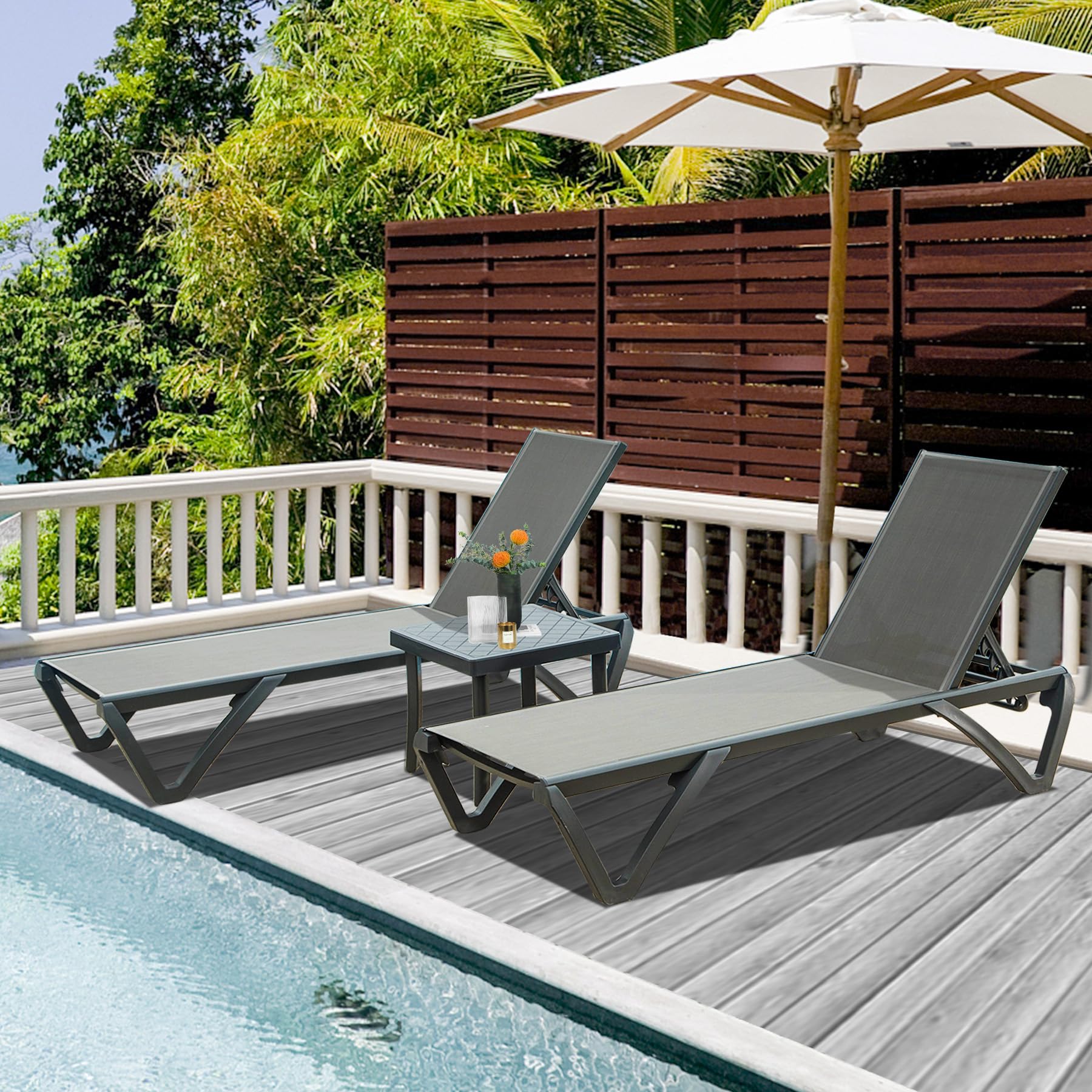 Domi Patio Chaise Lounge Chair Set of 3 - Outdoor Aluminum & Polypropylene Sunbathing Chairs with 5 Adjustable Positions & Side Table - Perfect for Beach, Yard, Balcony, Poolside & Backyard Relaxation (2 Grey Chairs with Table Included)