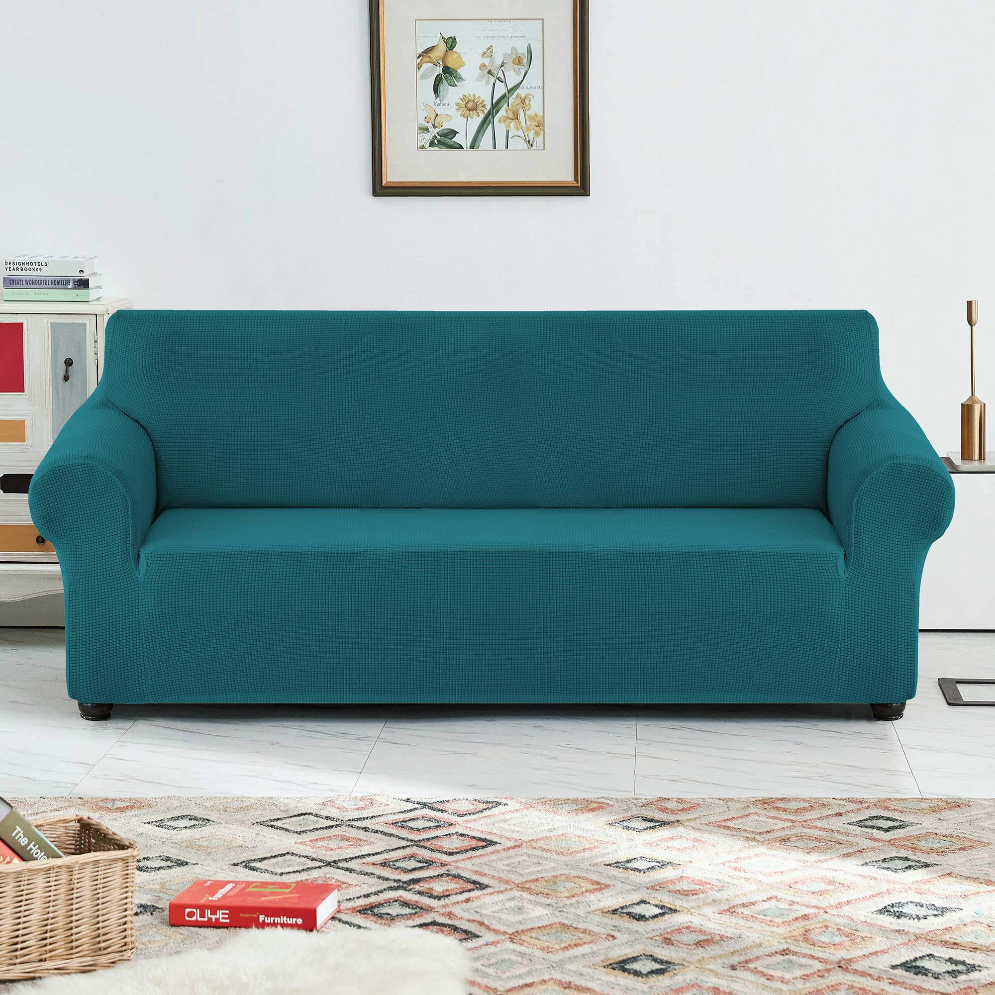 Waterproof Stretch Sofa Slipcover - Soft Elastic Furniture Protector for Couches, Kids & Pets - Peacock Blue Medium Size - Perfect for Living Room, Family Room & Pet-Friendly Homes