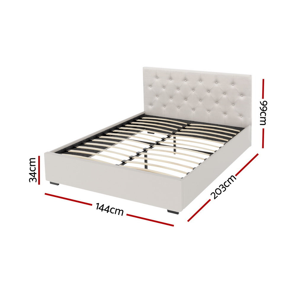 Dorilla Gas Lift Storage Double Bed Frame with Hydraulic Mechanism - Beige Upholstered Platform Bed for Guest Room, Bedroom & Small Spaces