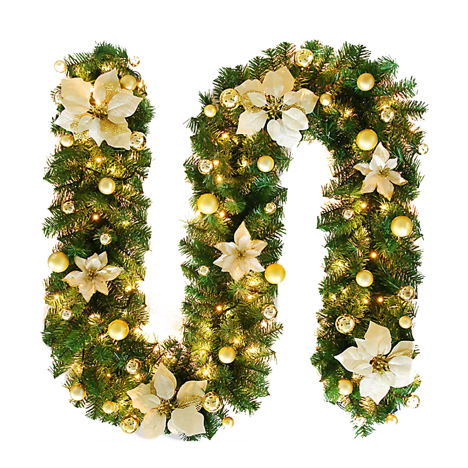 9Ft Pre-Lit Christmas Garland with 30 LED Battery Operated Lights - Artificial Holiday Garland with Poinsettias Flowers & Glitter Balls - Gold Decor for Fireplace, Stairs, Mantle, Door, and Indoor/Outdoor Holiday Decorations