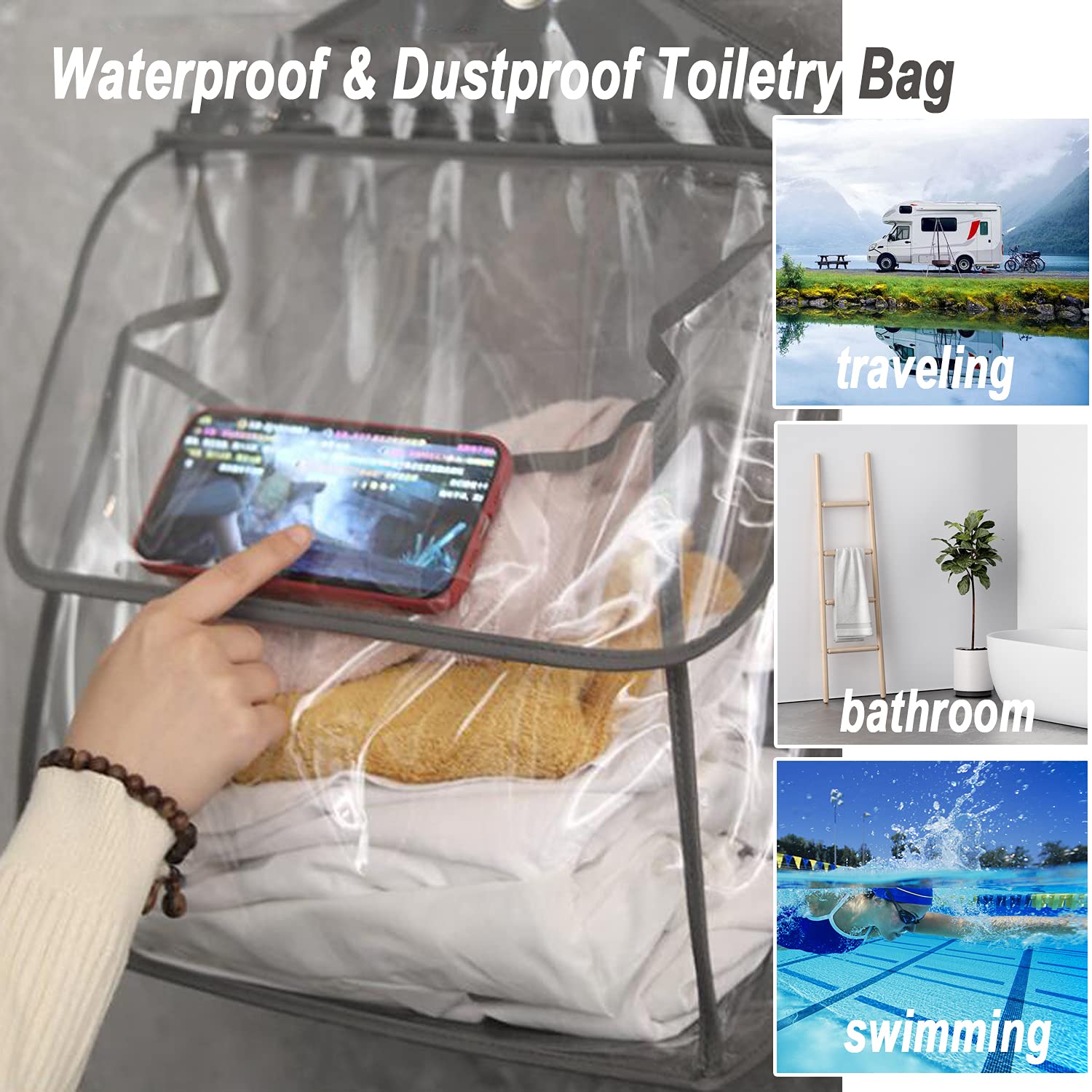 Waterproof Hanging Toiletry Bag Organizer - Clear Shower Caddy for Bathroom with Phone Holder - Watch Videos While Showering - Perfect for Travel, Gym & Dorm (Gray)