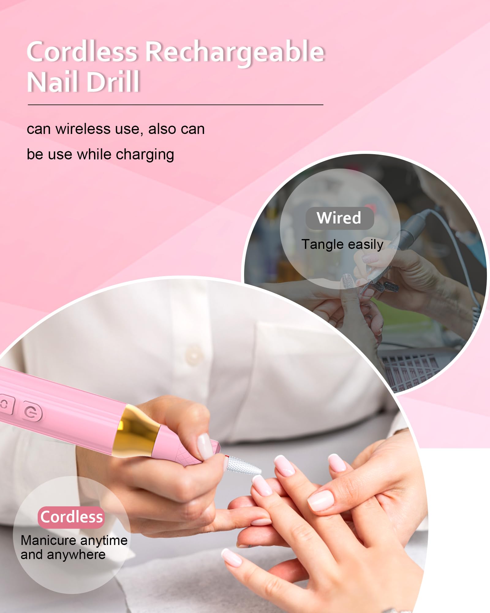 Professional Cordless Electric Nail Drill Kit - Rechargeable Portable Nail File Machine for Gel & Acrylic Nails, Home Salon Manicure Pedicure Tools (Pink) | Perfect for DIY Nail Art, Salon Professionals & At-Home Beauty Care