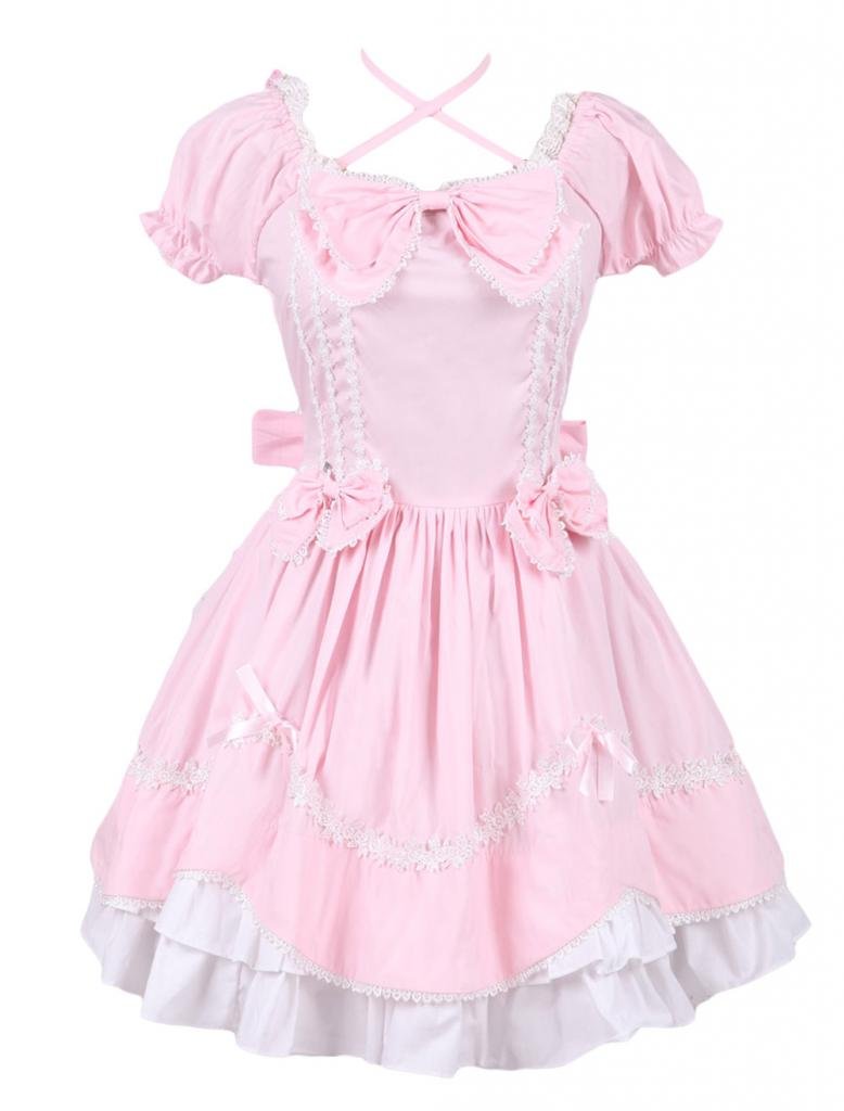 M4U Women's Sweet Lolita Dress - Cotton Pink Ruffles with Bow | Elegant Vintage Style Dress for Cosplay, Tea Parties & Special Occasions