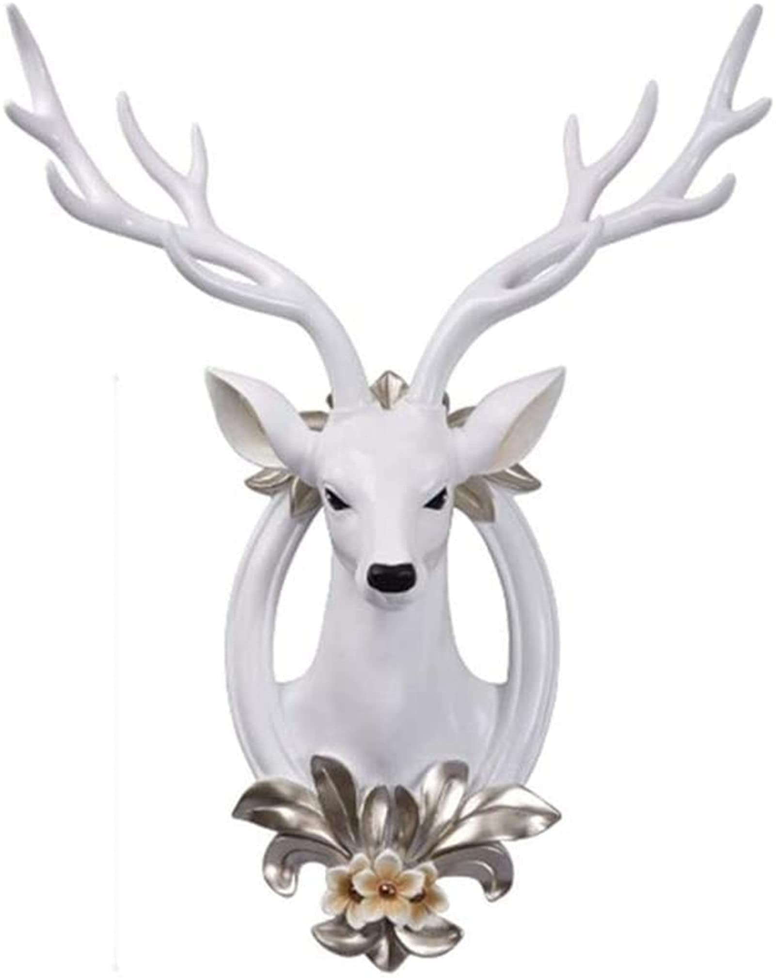 Large Metal Wall Art Decor - Lucky Deer Head Sculpture with Flower Ornament, Nordic Style Animal Head Wall Hanging for Living Room, Bedroom, or TV Background (Size XL)