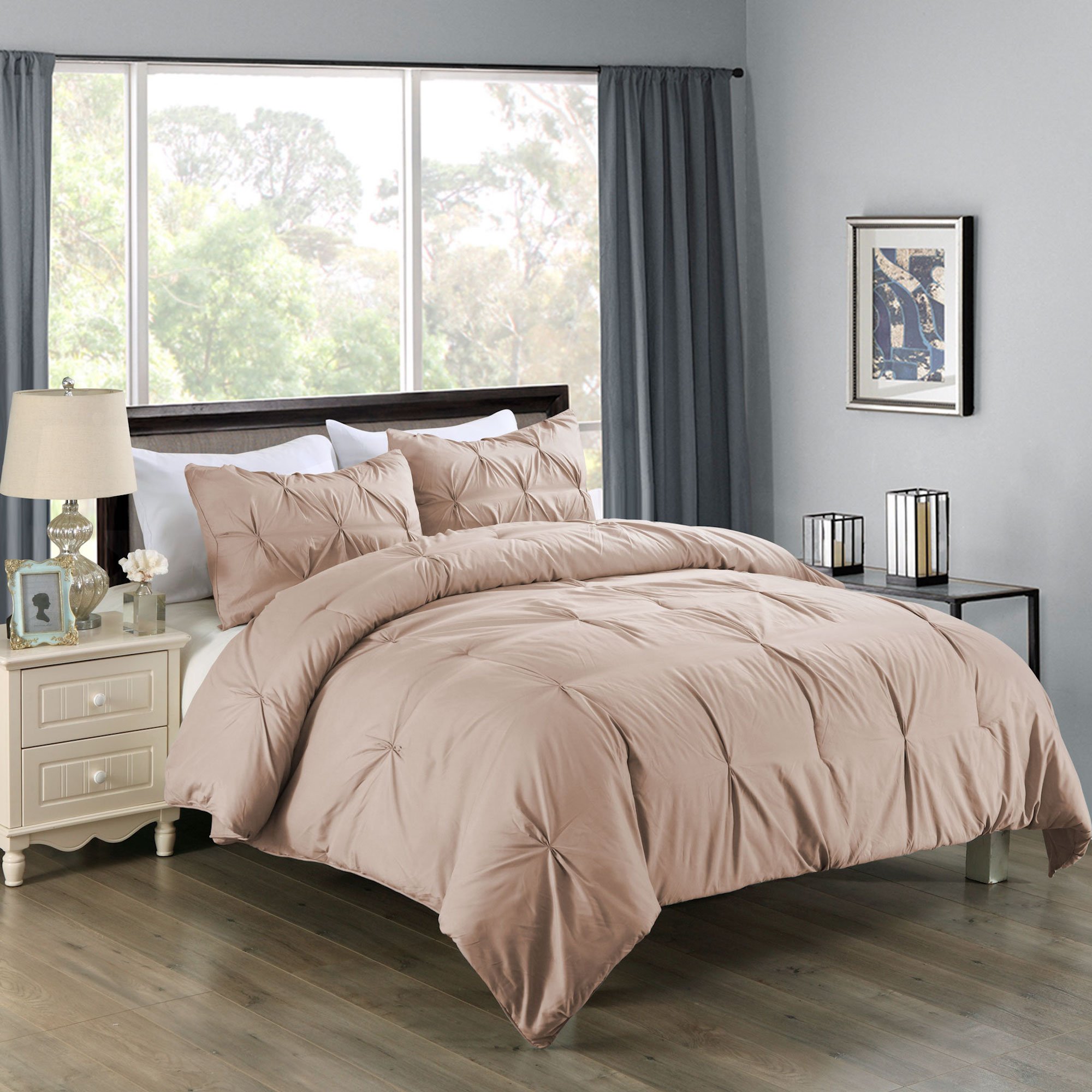 Lotus Home Water & Stain Resistant Pintuck Comforter Mini Set - Twin Size Taupe 2-Piece Bedding Set for Cozy Bedroom Decor & Guest Room Essentials