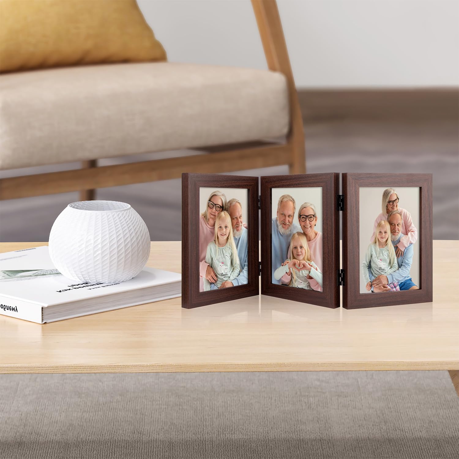 Frametory 5x7 Triple Picture Frame Set - Walnut Hinged Trifold Photo Collage with Glass Front for Tabletop Display (2 Pack) | Perfect for Family Photos, Wedding Memories, and Home Decor