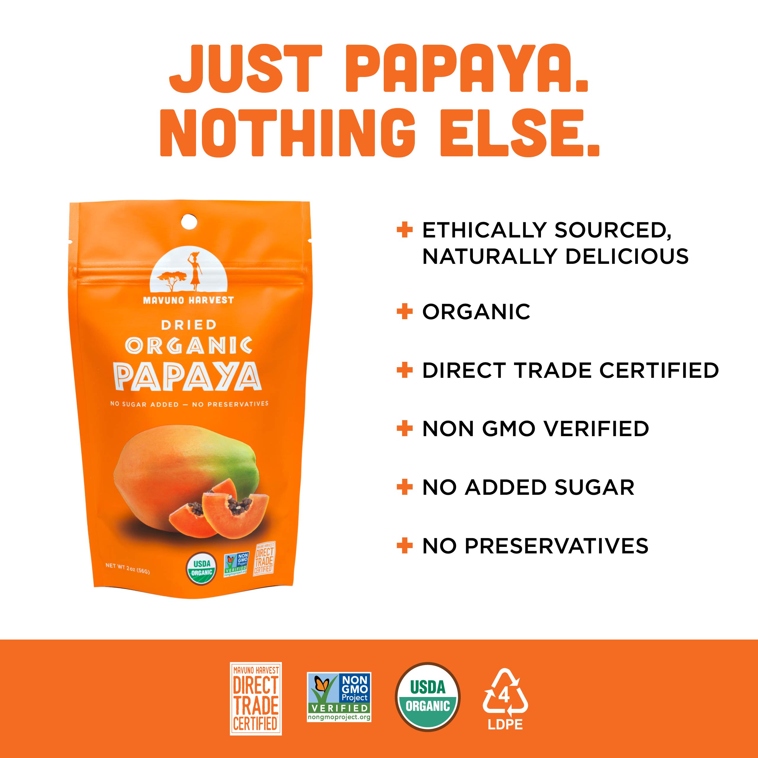 Organic Dried Papaya Slices by Mavuno Harvest | Gluten-Free, Vegan, Non-GMO Healthy Snacks | No Sugar Added Dried Fruit for Kids & Adults | 2oz Pack of 3 | Perfect for Lunchboxes, Hiking & On-the-Go Snacking