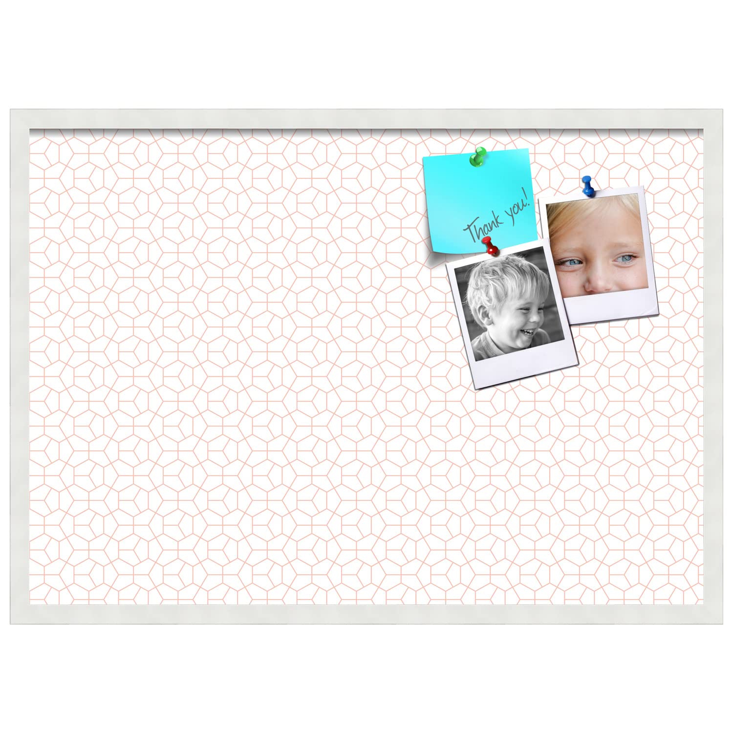 PinPix 34x24 Inch Cork Bulletin Board with Hex Grapefruit Design & White Frame - Stylish Wall Memo Board for Home Office Decor, School Classroom, Dorm Room Organization - Perfect for Notes, Photos, Reminders & Inspirational Displays (PinPix-1636)
