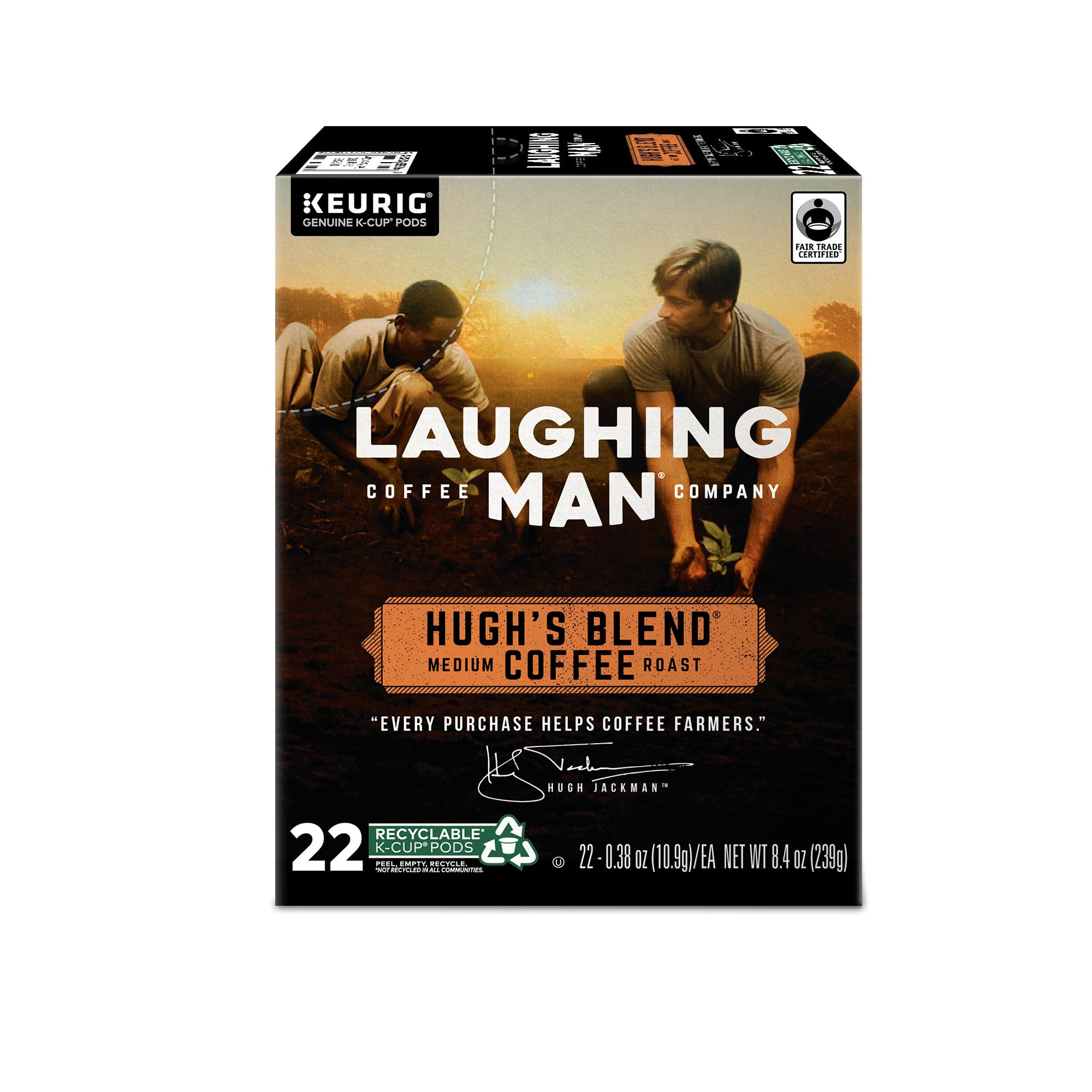 Laughing Man Hugh’s Blend Fair Trade Medium Roast Arabica Coffee Pods - 88 Recyclable K-Cups (4 Packs of 22) for Keurig Single-Serve Coffee Makers | Perfect for Home, Office & Morning Brews