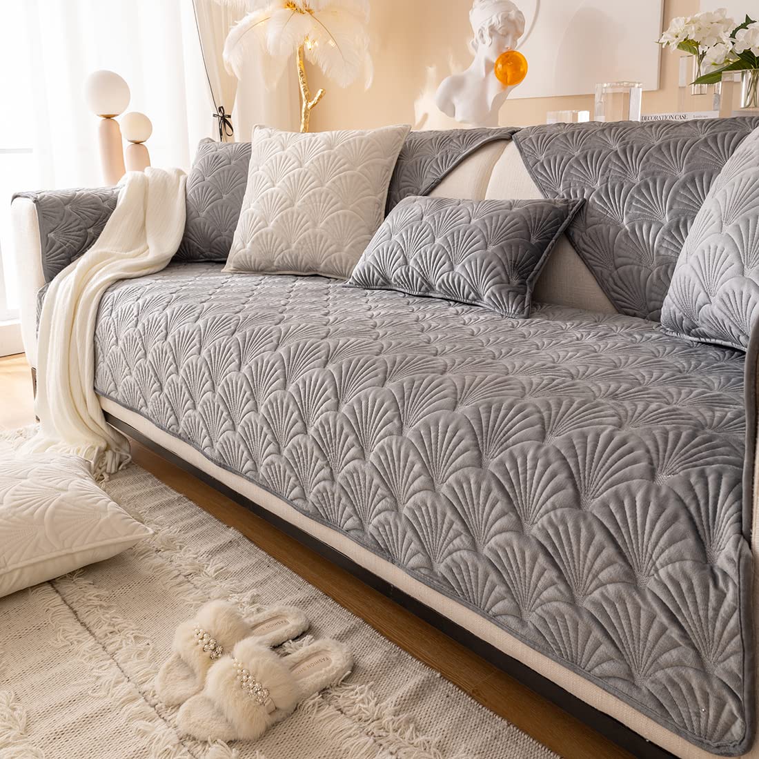 Premium Velvet Quilted Sofa Cover - Super Soft Non-Slip Sectional Couch Slipcover with Leaf Pattern, Plush Furniture Protector for Pets & Kids (Grey, 28