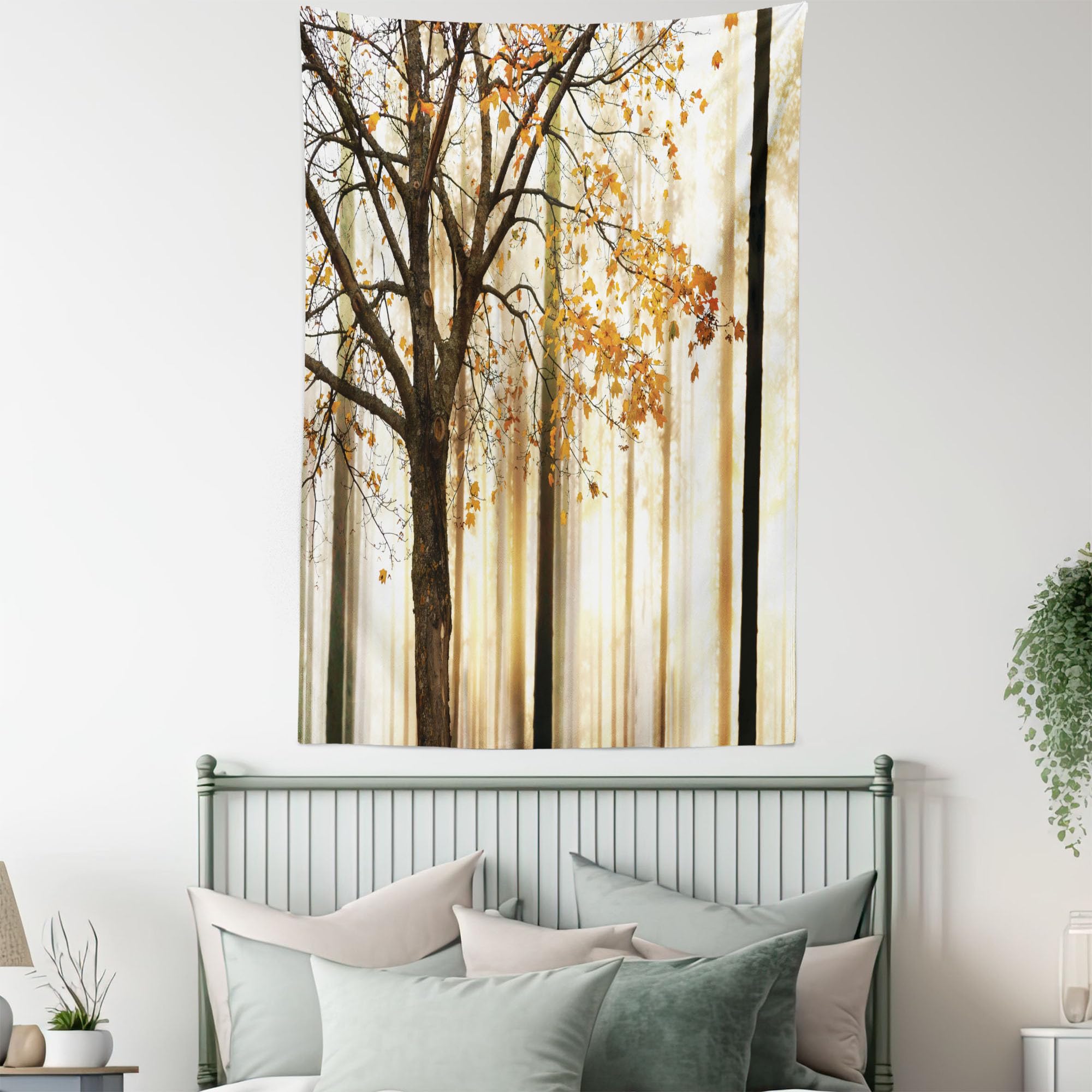 Ambesonne Autumn Tapestry - Queen Size Wall Hanging Bedspread with Abstract Woodland Tree Leaves Print in Orange & Brown | Home Decor for Living Room, Bedroom, Dorm | Cozy Fall Seasonal Decoration