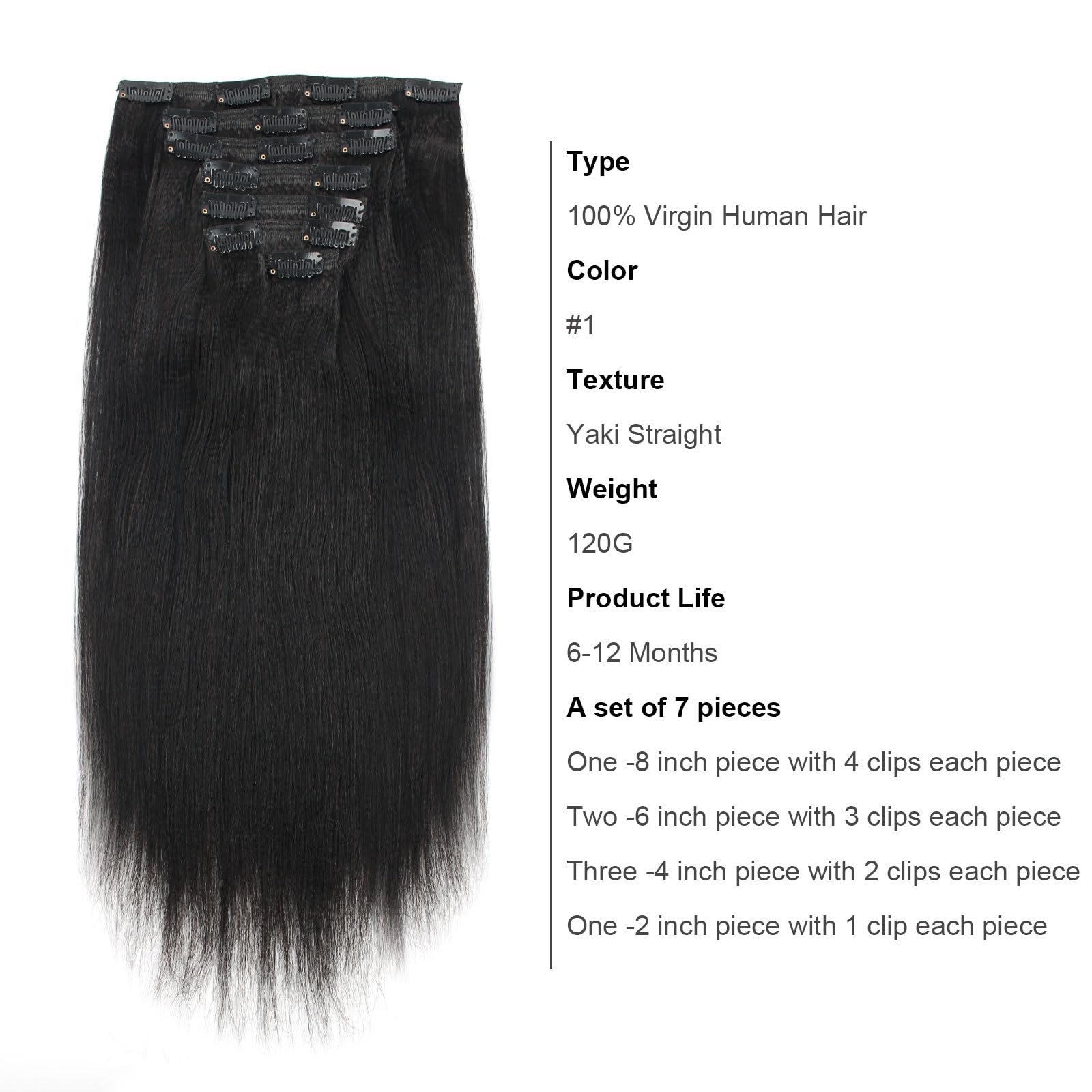 ABH AMAZINGBEAUTY Real Remy Human Hair Extensions - 7pc Thick Yaki Straight Clip-Ins for African American Relaxed Hair (22 Inch, 120g) | Natural Black Color | Perfect for Daily Styling, Special Occasions & Volume Boost