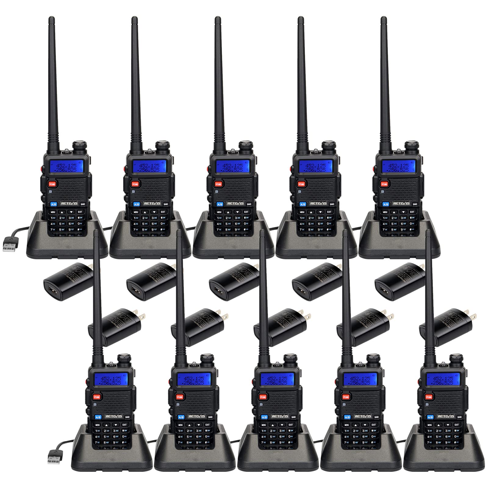 Retevis RT-5R Rechargeable Dual Band VOX Two Way Radio - 128CH Long Range Walkie Talkies with Flashlight & Emergency Alarm - Ideal for School Security, Church Events, Farm Communication (10 Pack)