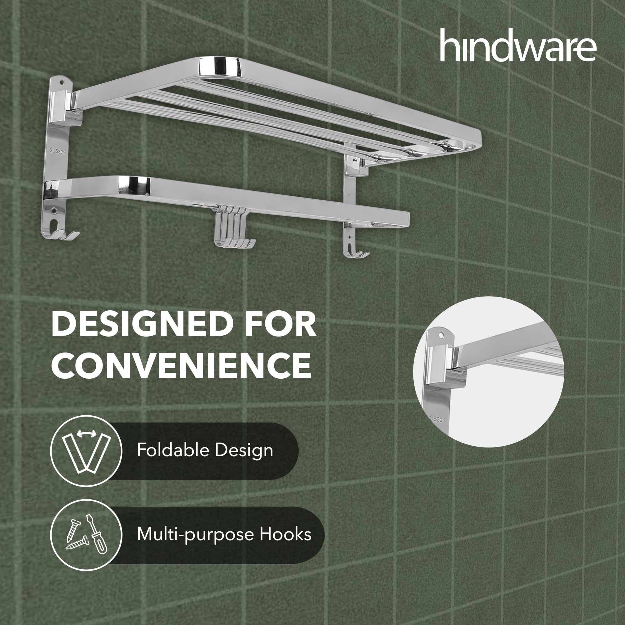 Hindware Premium 304 Stainless Steel Folding Towel Rack - Space-Saving Bathroom Organizer for Towels, Robes & Accessories | Perfect for Small Bathrooms, Apartments & RVs