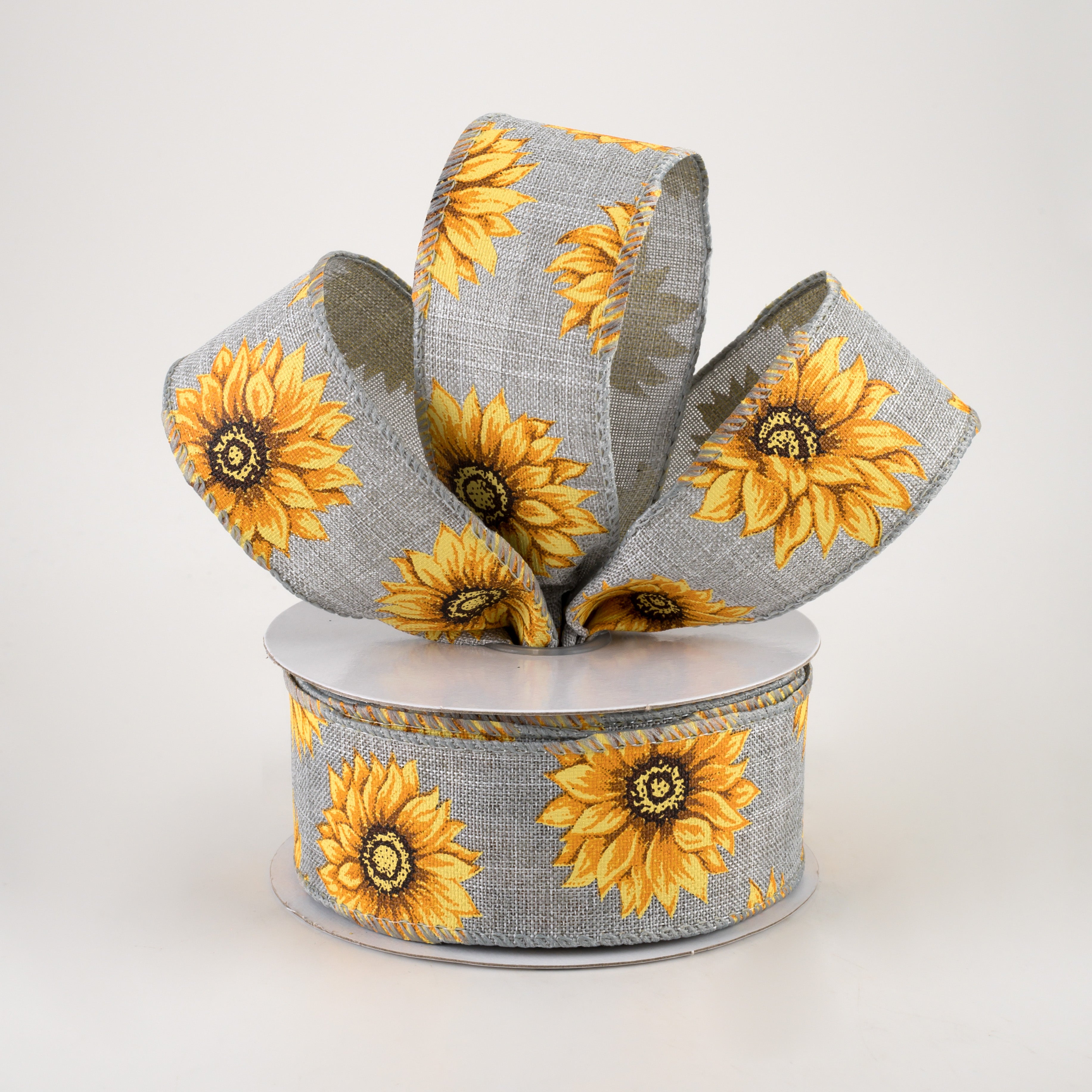 1.5 Inch Linen Sunflowers Ribbon: Grey (10 Yards) - Perfect for DIY Crafts, Gift Wrapping, Wedding Decorations and Home Decor