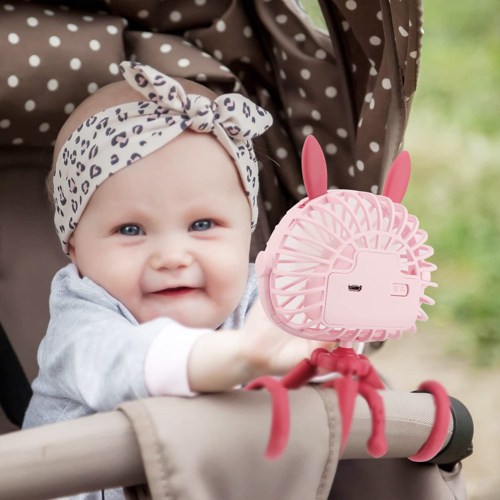 Rechargeable Clip-On Stroller Fan with LED Light & Bunny Ears - Flexible Tripod, 360° Rotatable, USB Powered Portable Fan for Baby Car Seat, Crib, Bicycle, Treadmill | Perfect for Outdoor Activities, Travel & Nursery Comfort