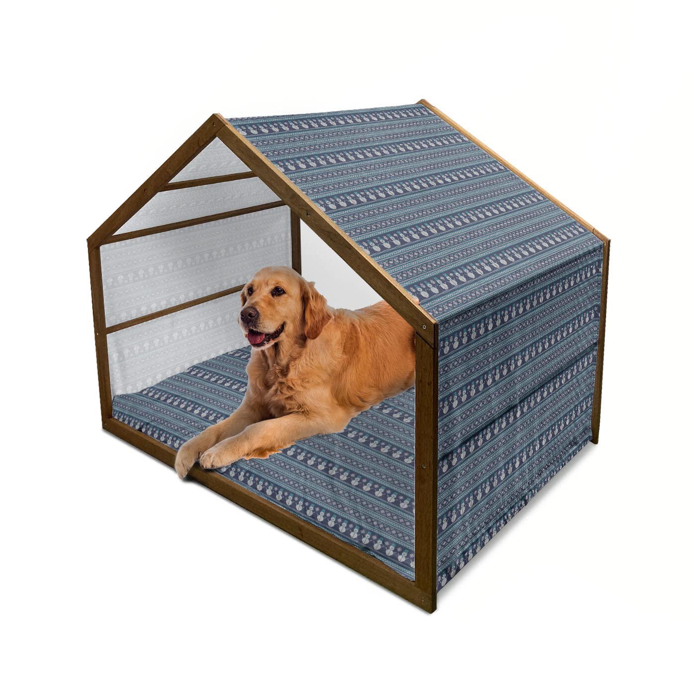Ambesonne Nordic Wooden Dog House - Snowman Pattern Geometric Chevron Design Indoor & Outdoor Portable Pet Kennel with Pillow & Cover, X-Large Turquoise Dark Blue - Cozy Shelter for Small to Medium Dogs in Winter or Home Decor