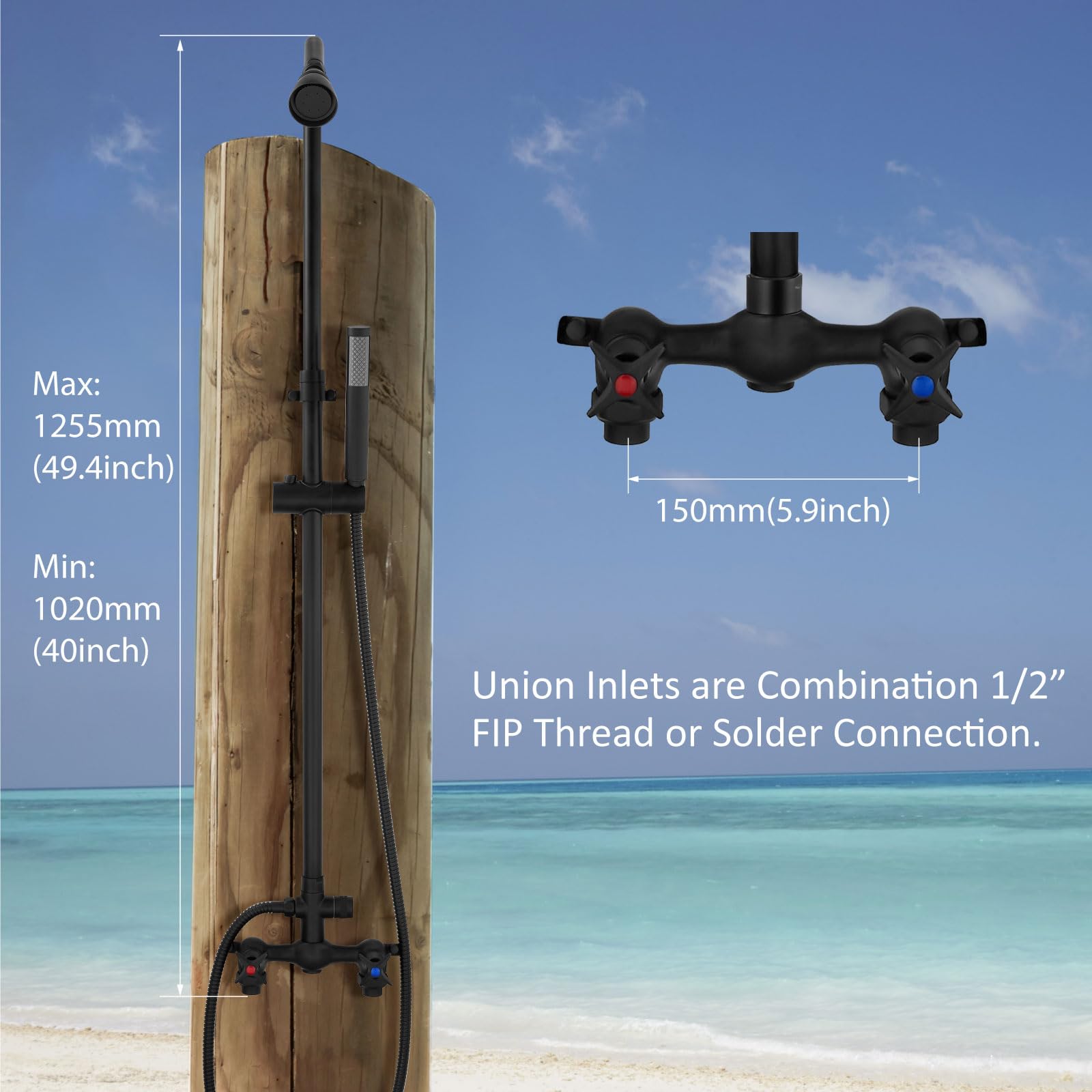 Aolemi Matte Black Wall Mount Outdoor Shower Kit with Handheld Spray - 6 Inch Center Exposed Double Handle Faucet System - Perfect for Poolside, Beach House, Garden & Backyard Use