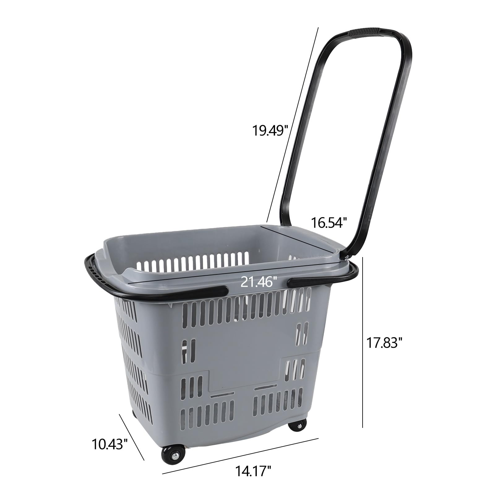 Kekow 50L Large Rolling Shopping Basket with Wheels & Handle - 4 Pack Gray Plastic Storage Cart - Perfect for Grocery Stores, Retail Shopping, Warehouse Organization & Home Storage
