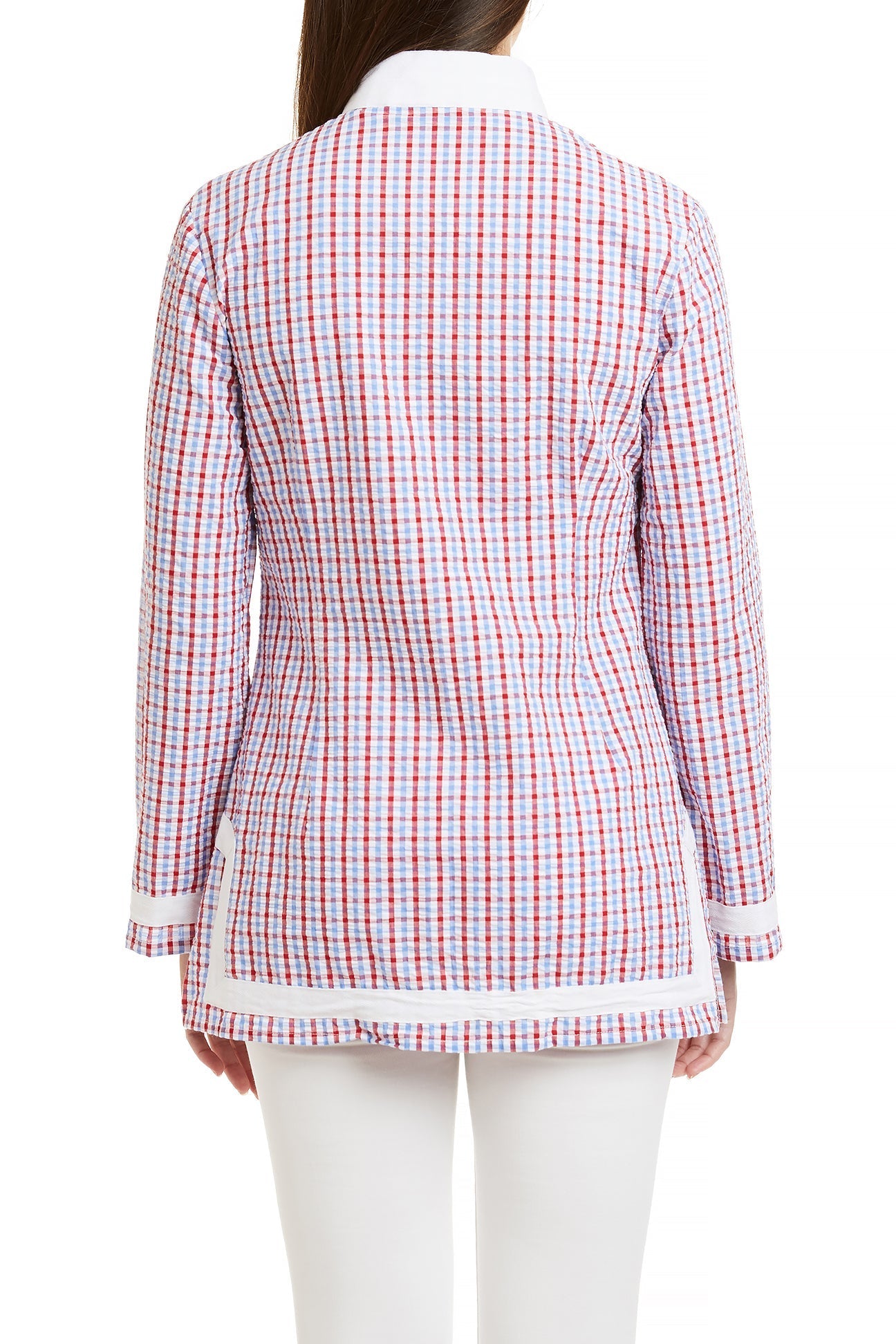 Red, White & Blue Seersucker Check Tunic Top with White Trim - Casual Summer Wear for Women, Perfect for Beach Outings and Picnics