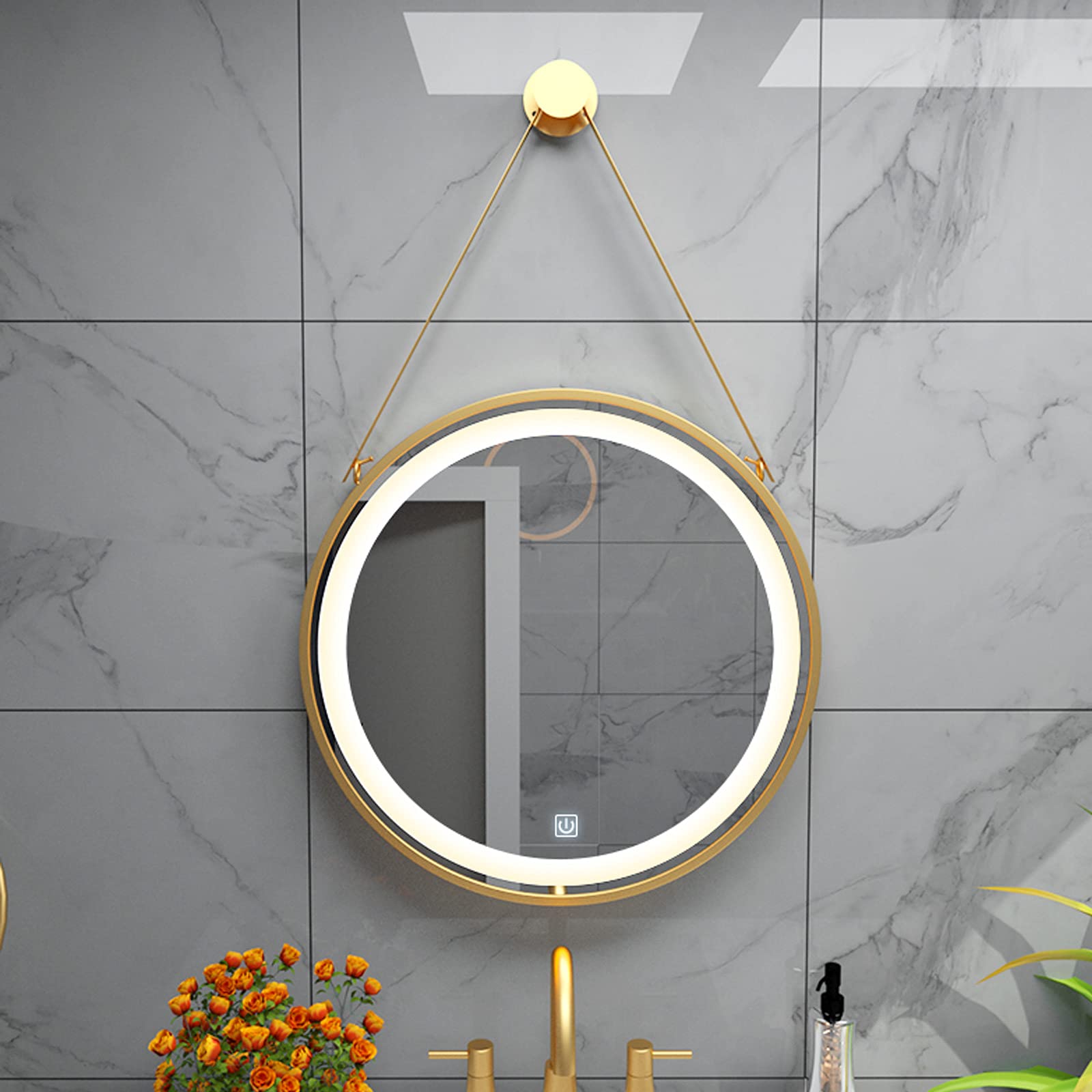 Round LED Bathroom Mirror with Touch Button - Black Illuminated Wall Mirror for Makeup & Vanity, Includes Lanyard - Perfect for Bathroom Decor, Dressing Room & Beauty Stations