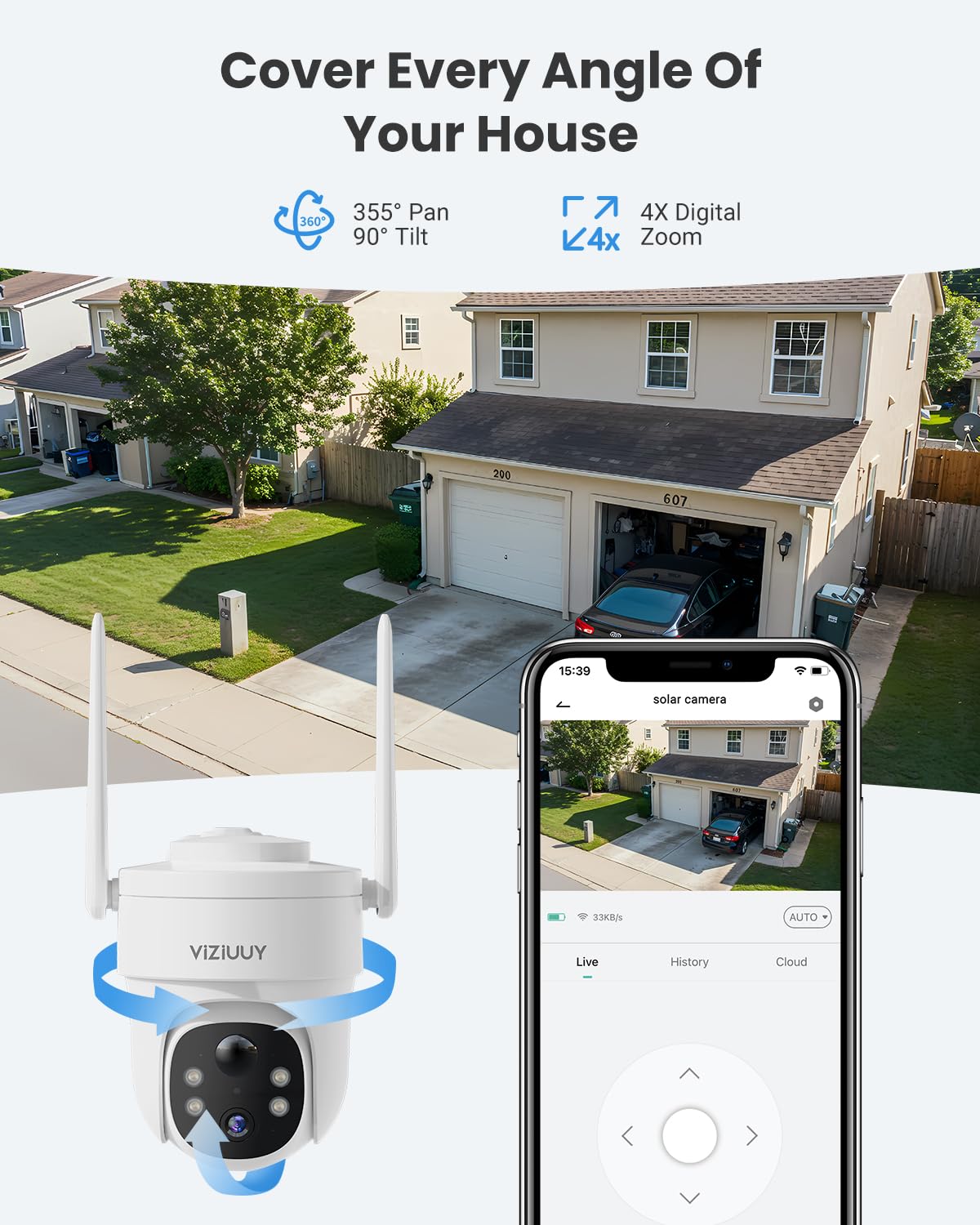 Wireless Solar Security Camera Outdoor - 3MP 360° Pan Tilt WiFi Camera with Color Night Vision, PIR Motion Sensor, 2-Way Audio, Alexa & Google Assistant Compatible - Ideal for Home, Garage, and Backyard Surveillance