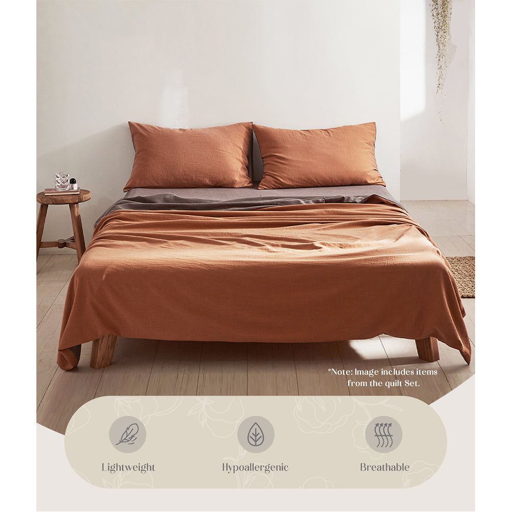 Premium 100% Cotton Sheet Set - Double Size, Soft & Breathable, Orange Brown - Perfect for Cozy Bedrooms, Guest Rooms & Dorm Comfort