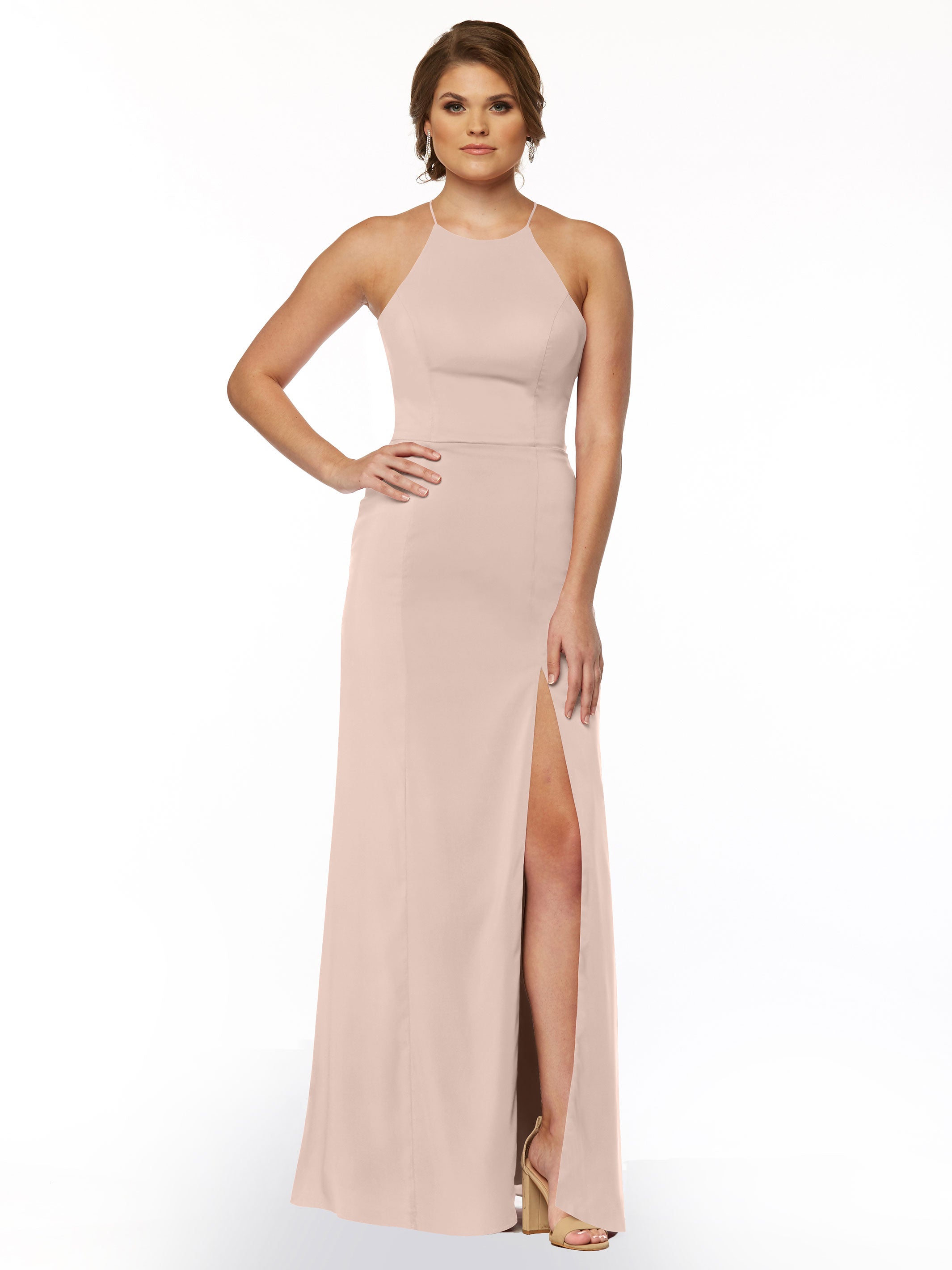 Elegant 83026 Sheath Stretch Chiffon Bridesmaid Dress with Halter Neckline & High Slit - Perfect for Weddings, Formal Events & Evening Parties