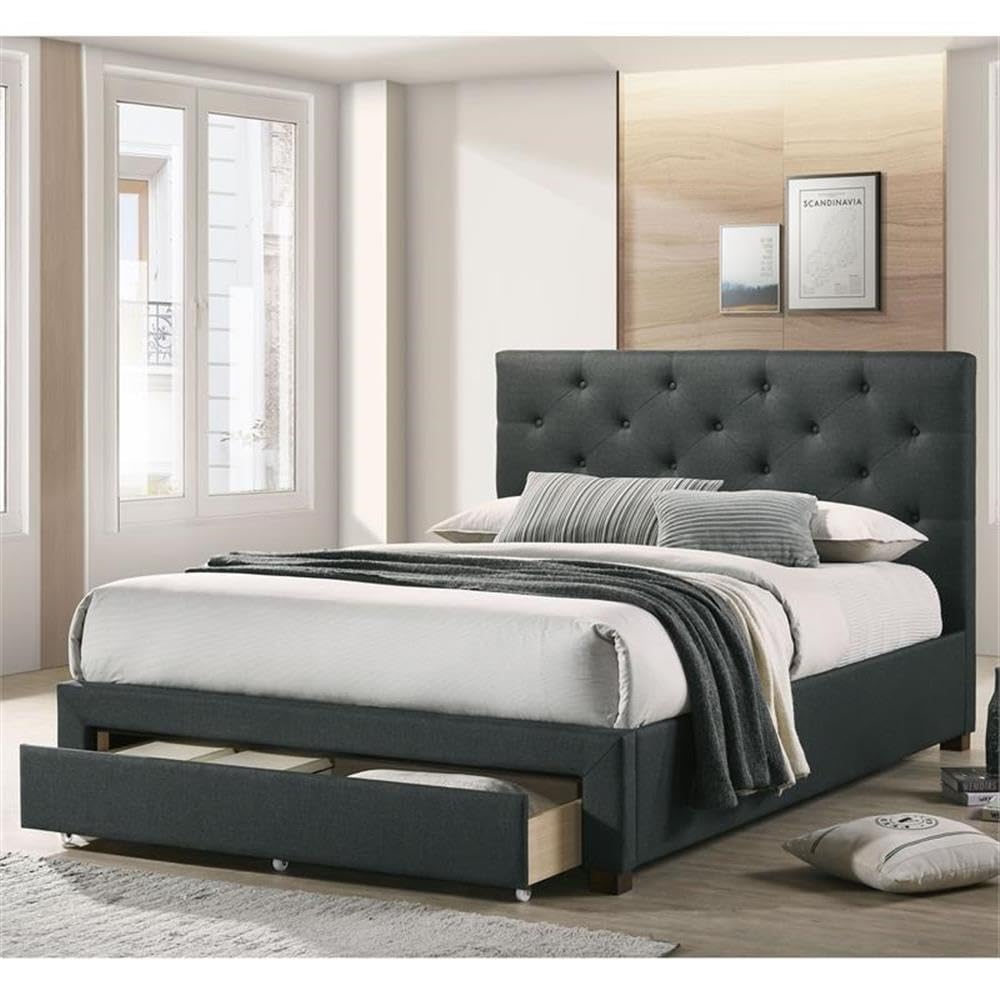 Furniture of America Bethn Transitional Fabric Storage King Bed in Dark Gray - Stylish & Spacious Bed Frame with Underbed Storage for Master Bedroom & Guest Room