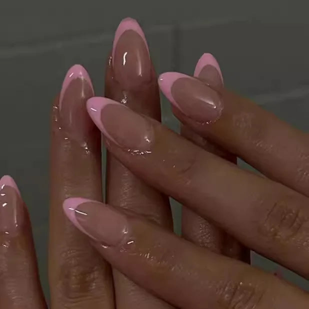 24Pcs Almond Fake Nails with Glue - Nude French Press On Nails with Black Stripes Design, Oval False Nail Tips for Women | Perfect for Parties, Weddings & Daily Wear