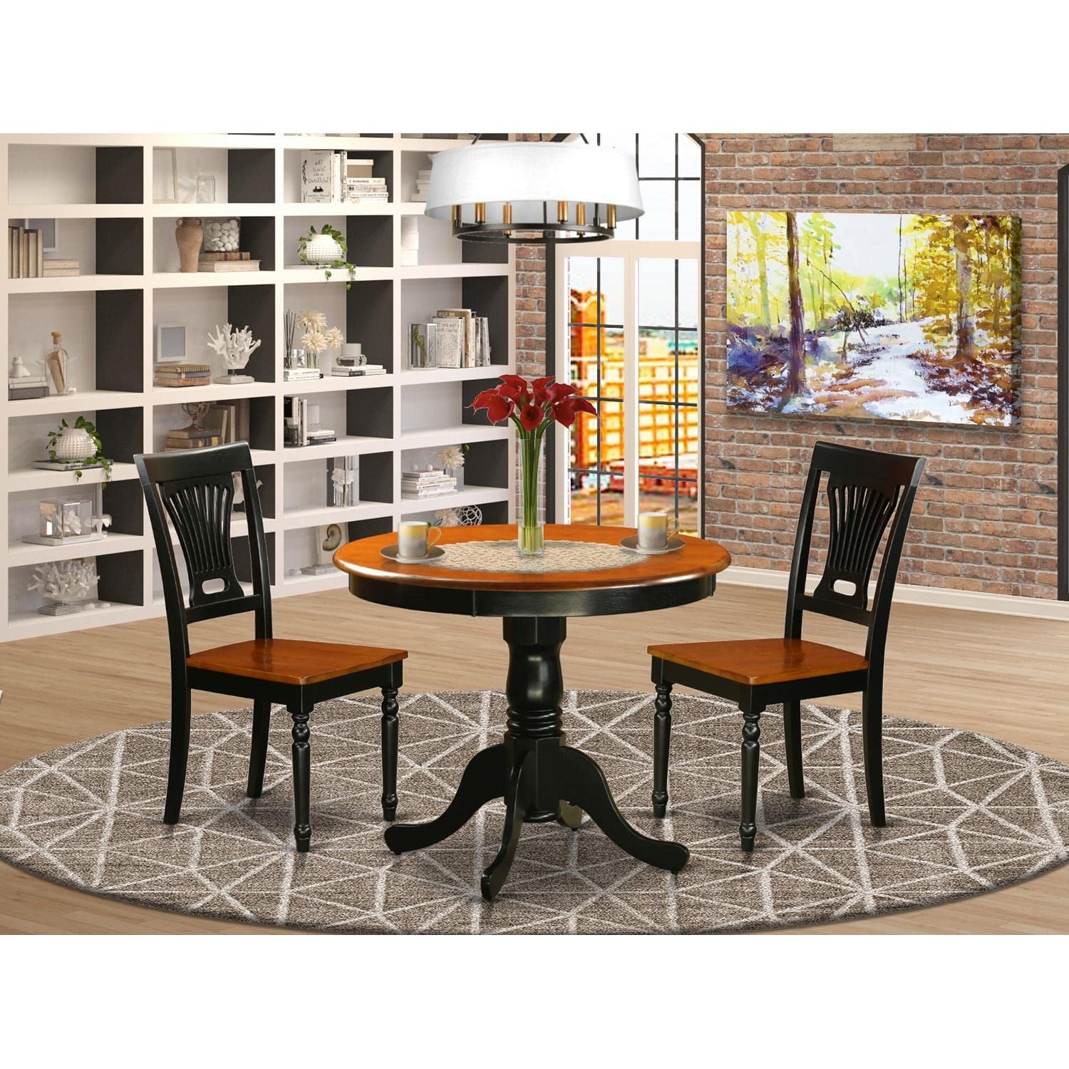 East West Furniture ANPL3-BLK-W 3-Piece Round Dining Table Set with Pedestal Base & 2 Chairs, 36x36 Inch, Black & Cherry - Perfect for Small Kitchens, Breakfast Nooks & Cozy Apartments