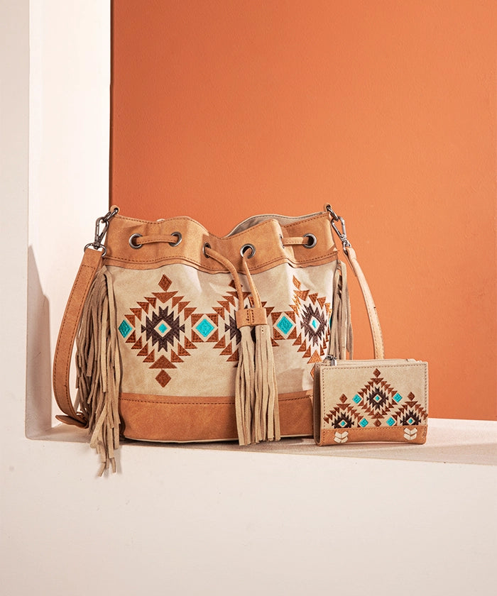 Montana West Aztec Fringe Bucket Bag Set for Women - Stylish Leather Crossbody Purse with Adjustable Strap, Perfect for Travel, Shopping & Everyday Use