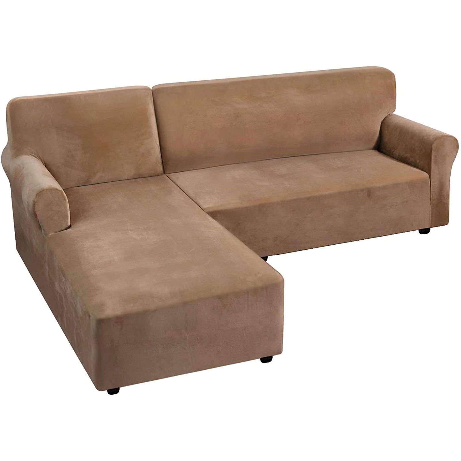 Premium Thick Velvet L-Shaped Sofa Cover Set - 2 Piece Stretch Slipcover with Non-Slip Straps & Left Chaise Cover - Furniture Protector for Pets & Kids (Camel, Large) - Perfect for Living Room, Family Room & Pet-Friendly Homes