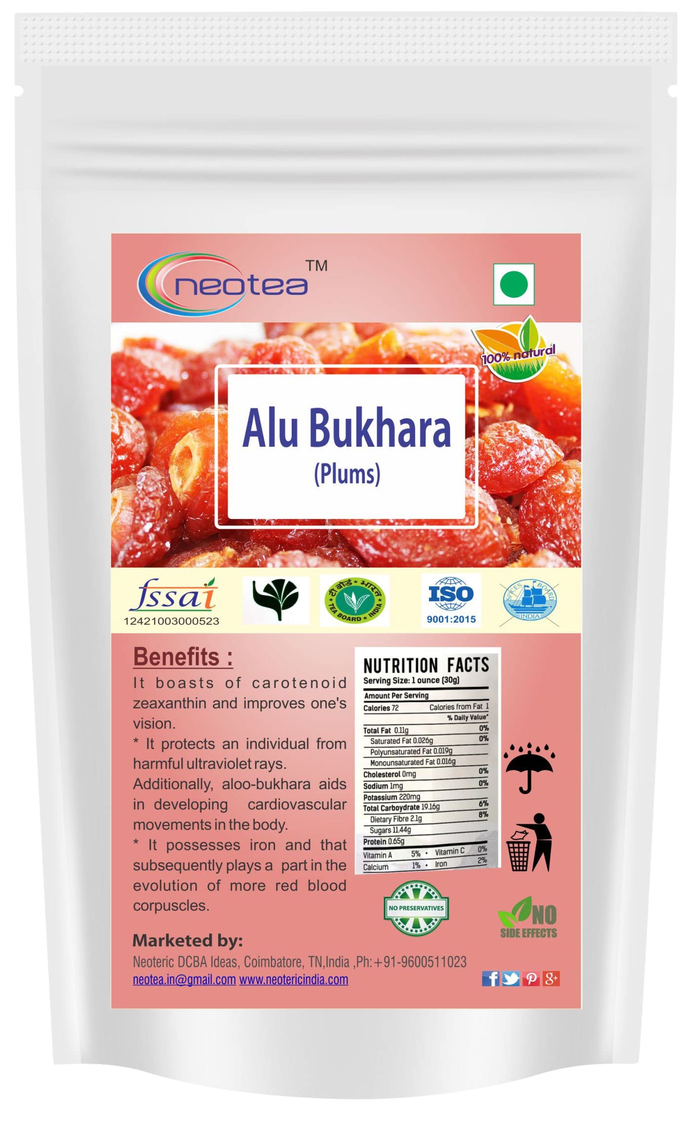 Premium Neotea Dried Alu Bukhara Plums - 250g | Natural Sweet & Tangy Dried Fruit Snack | Perfect for Baking, Trail Mix & Healthy On-the-Go Snacking