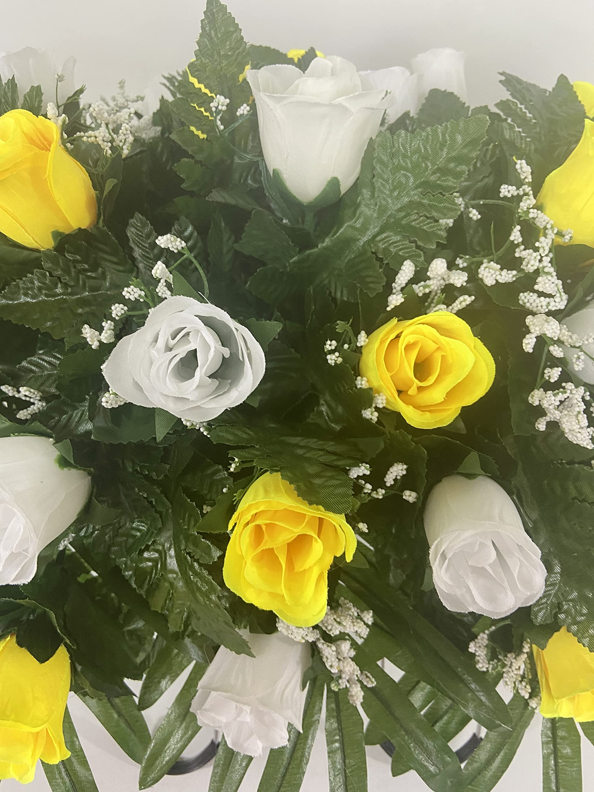 Yellow and White Rose Headstone Saddle - Cemetery Grave Decor with Summer Flowers for Gravesite - Sympathy Floral Arrangement for Memorials, Funerals & Grave Visits