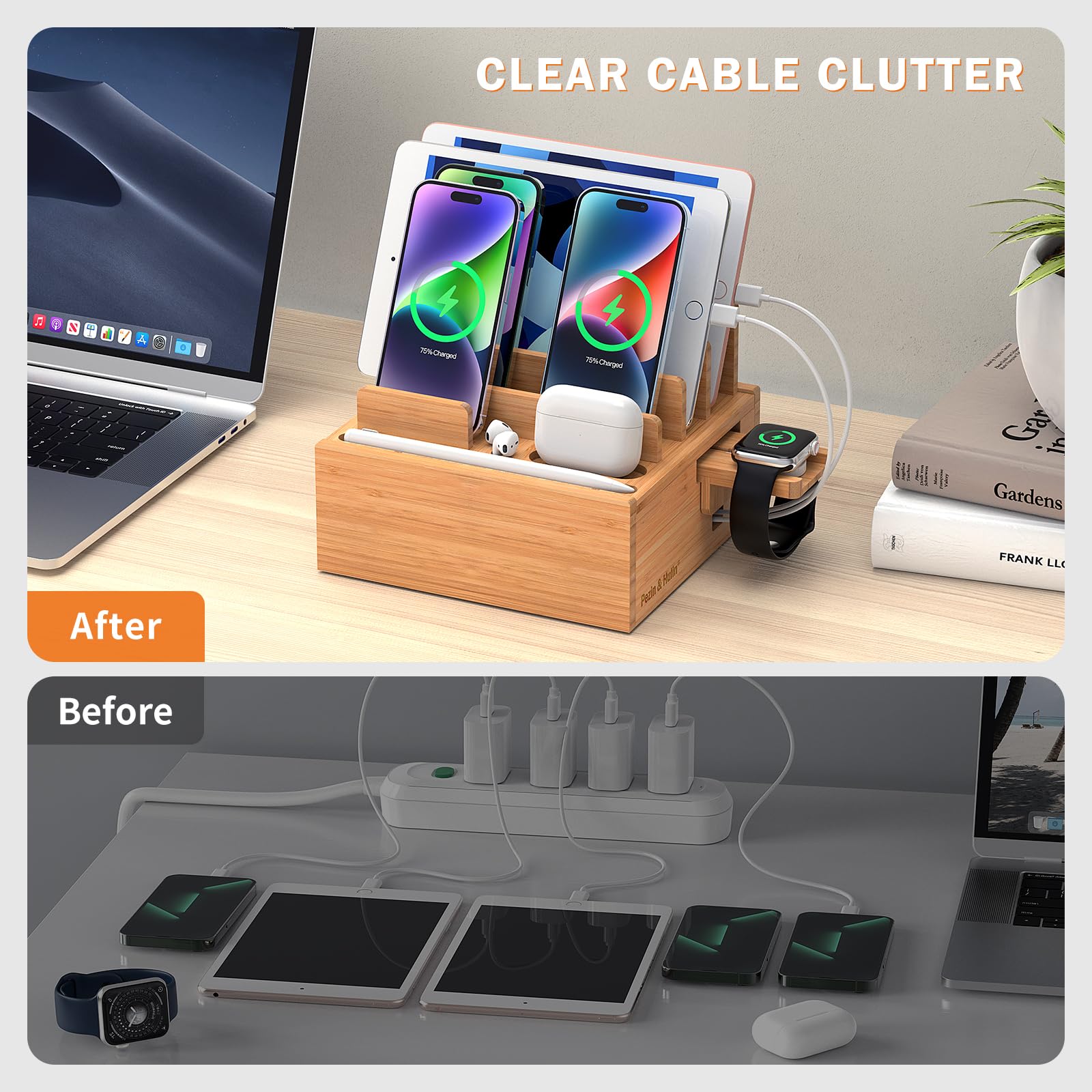 Pezin & Hulin 5-Port USB Bamboo Charging Station with 5 Cables - Multi-Device Desktop Organizer for Phones, Tablets & Accessories - Perfect for Home, Office & Travel Use