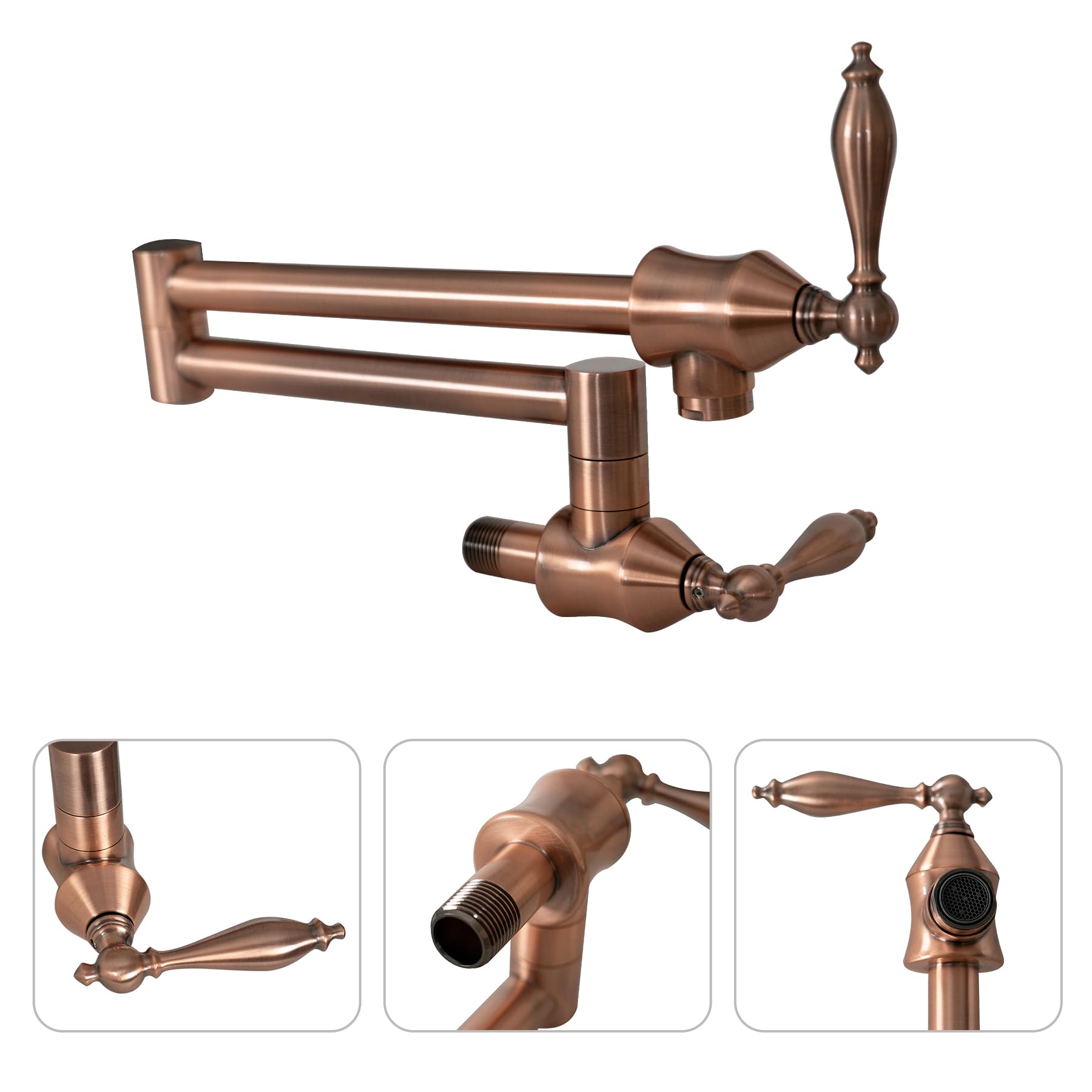 SINDA Wall Mount Pot Filler Kitchen Faucet - Solid Brass Swing Arm Folding Faucet with Double Joint & Two Handles, Brushed Copper Finish - Perfect for Filling Large Pots & Pans in Commercial Kitchens & Home Cooking Stations
