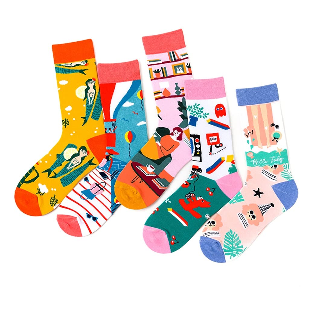 **Men's & Women's Crazy Cat Balloon Books Fish Colorful Skateboard Socks - Combed Cotton Crew Socks for Casual Wear, Sports & Gifts (One Size, Multi-Color Pack)**
