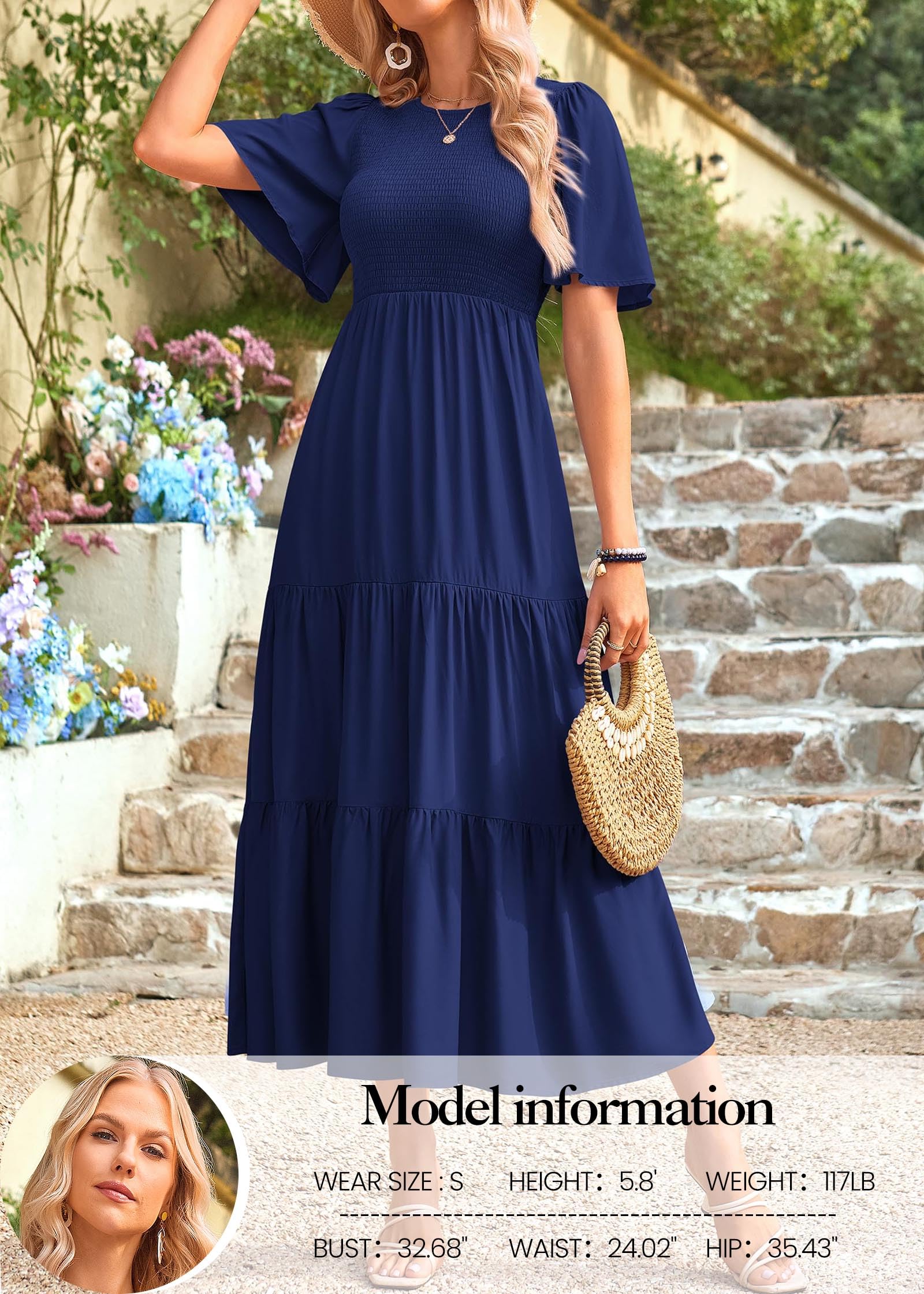 KIRUNDO Women's Flutter Sleeve Smocked Tiered A-Line Midi Dress - Casual Summer Dress for Spring/Summer 2025 - Perfect for Beach Vacations, Date Nights & Outdoor Parties