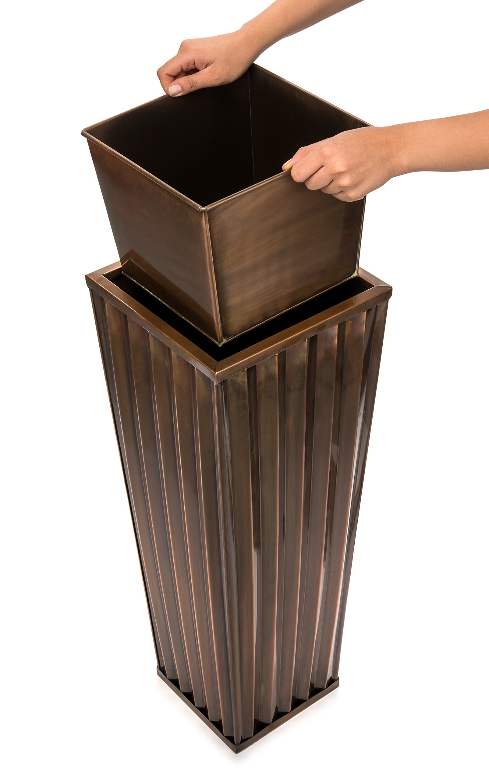 H Potter Antique Copper Flower Planter Set of 2 with Drainage Trays - Outdoor Garden & Patio Decor for Plants, Herbs, Succulents - Perfect for Balcony, Deck, Porch, and Backyard Landscaping