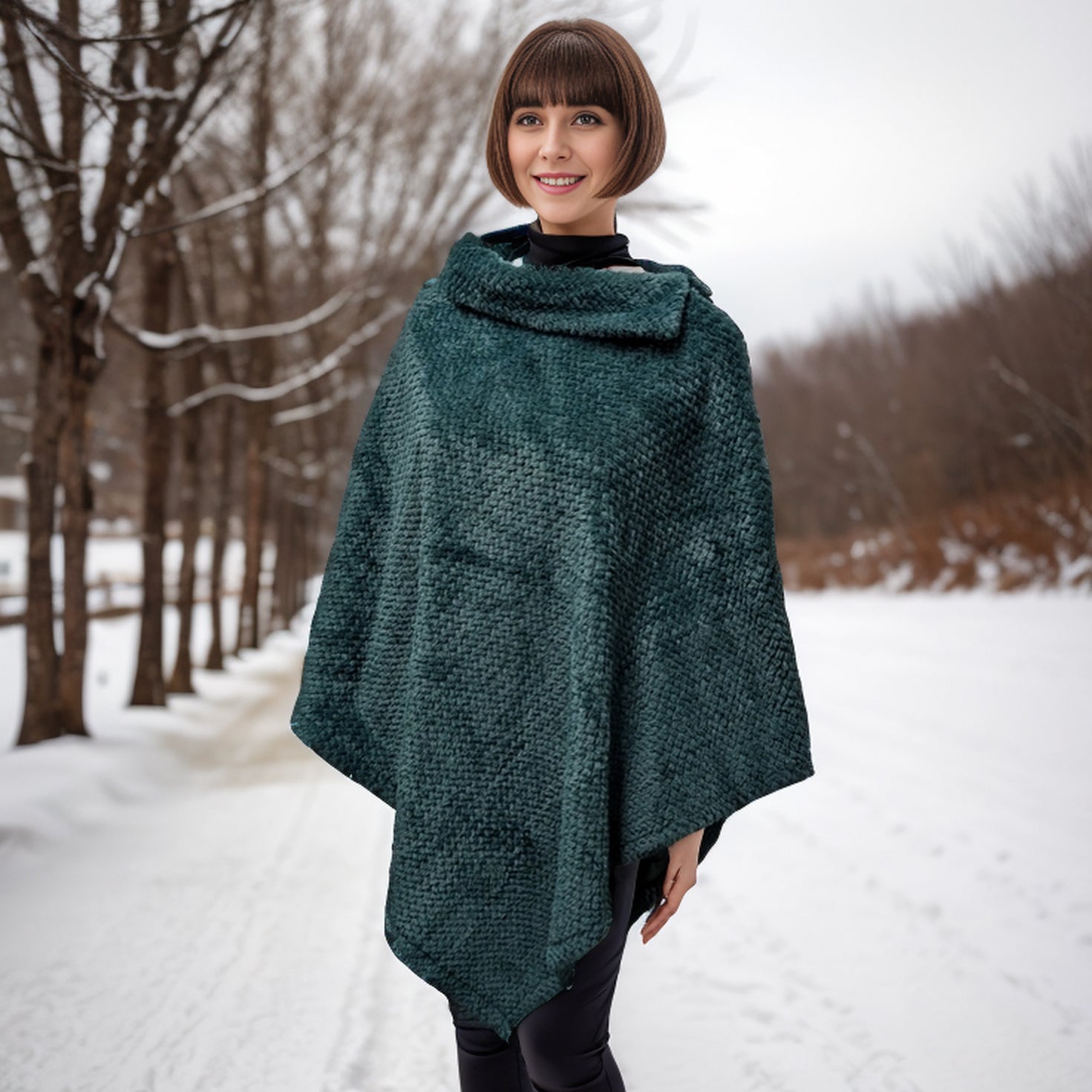 Yana Faux Fur Collared Poncho for Women - Soft Winter Cape Coat in Dark Green - Perfect for Cold Weather, Outdoor Activities & Fashionable Layering