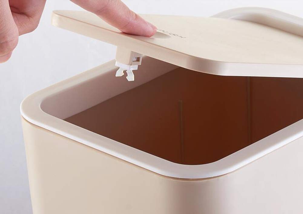 Hflove Solid Color Plastic Push-Button Trash Can - 1.5 Gallon Small Bathroom Garbage Bin with Lid, Khaki - Perfect for Toilet, Office, Kitchen & Bedroom Waste Disposal