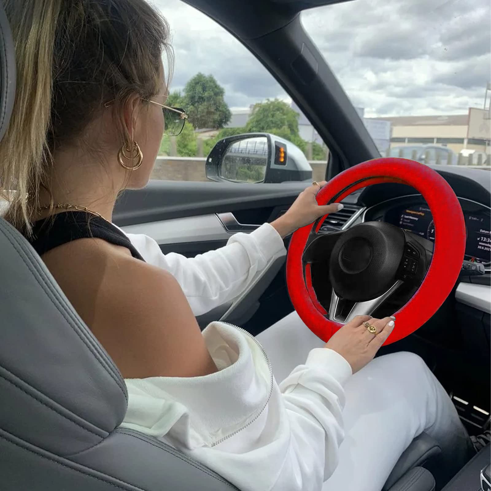 Fluffy Car Accessories Set - 9PCS Soft Fleece Steering Wheel Cover for Women, Non-Slip Warm Car Decor for Winter Driving
